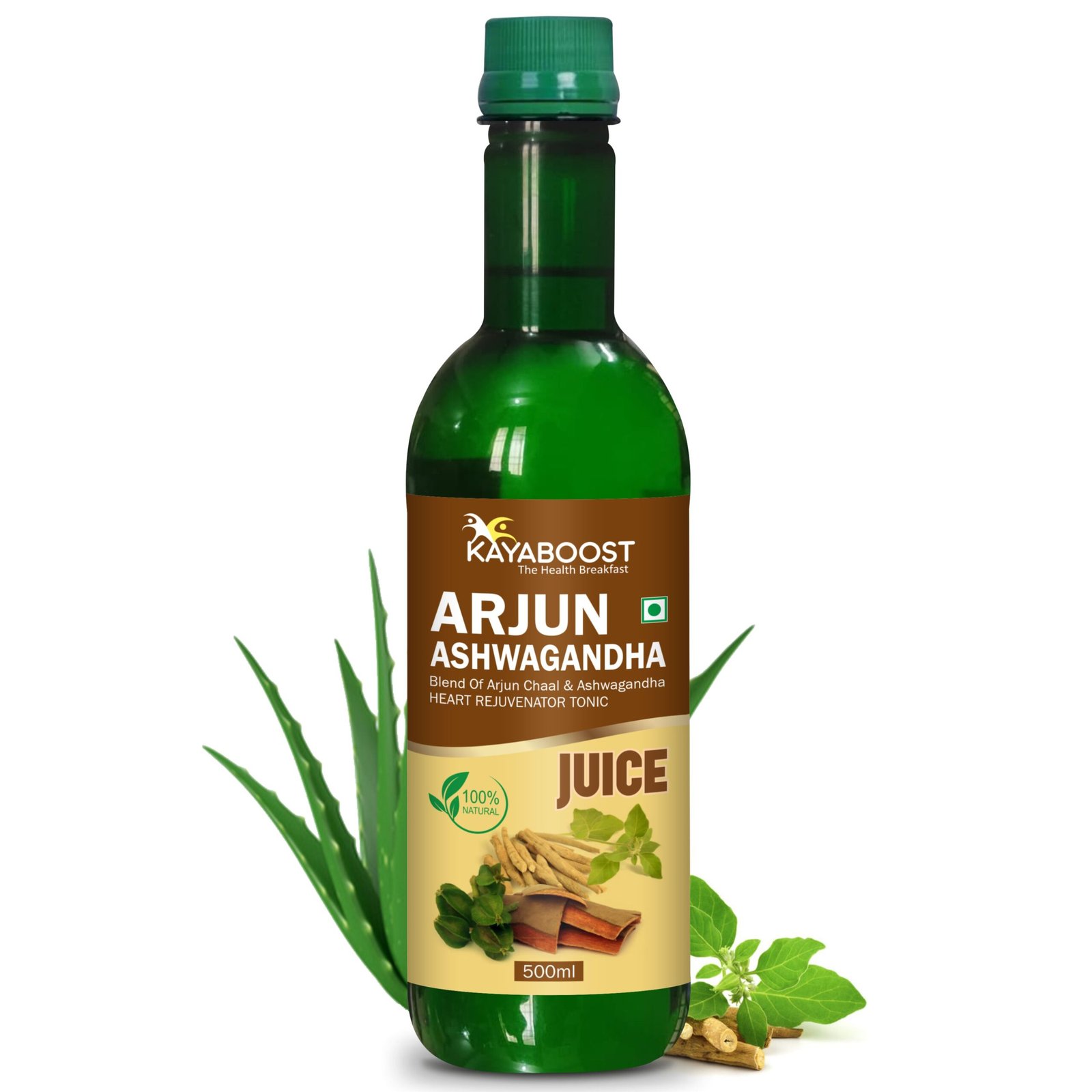 Kayaboost Arjun Ashwagandha Juice 500ml – Ayurvedic Heart Rejuvenator Tonic with Arjun Chaal, Ashwagandha, Amla & Aloe Vera | Herbal Support for Heart Health, Stress Relief & Cholesterol Management