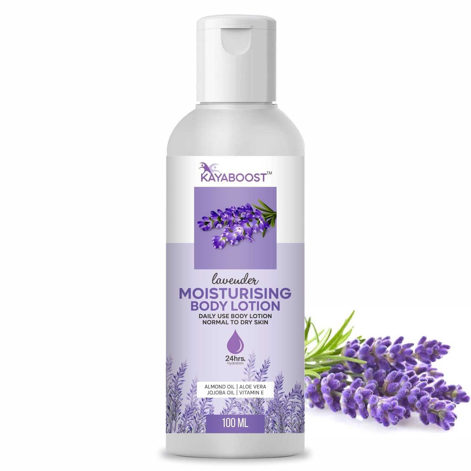 Kayaboost Lavender Moisturising Body Lotion (100ml) – 24hr Hydration for Normal to Dry Skin | With Almond Oil, Aloe Vera, Jojoba Oil & Vitamin E