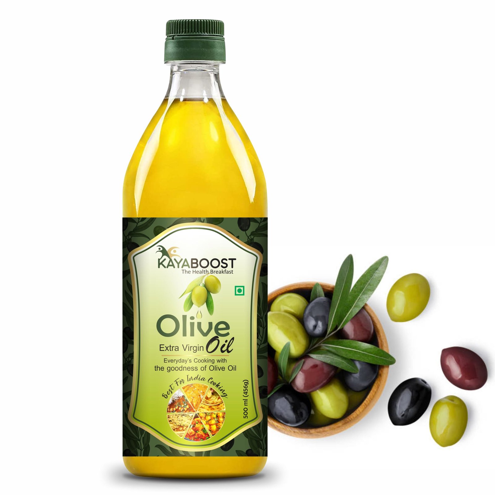 Kayaboost Extra Virgin Olive Oil 500ml – 100% Pure Cold Pressed Olive Oil for Cooking | Rich in Antioxidants, High MUFA & PUFA, Zero Cholesterol
