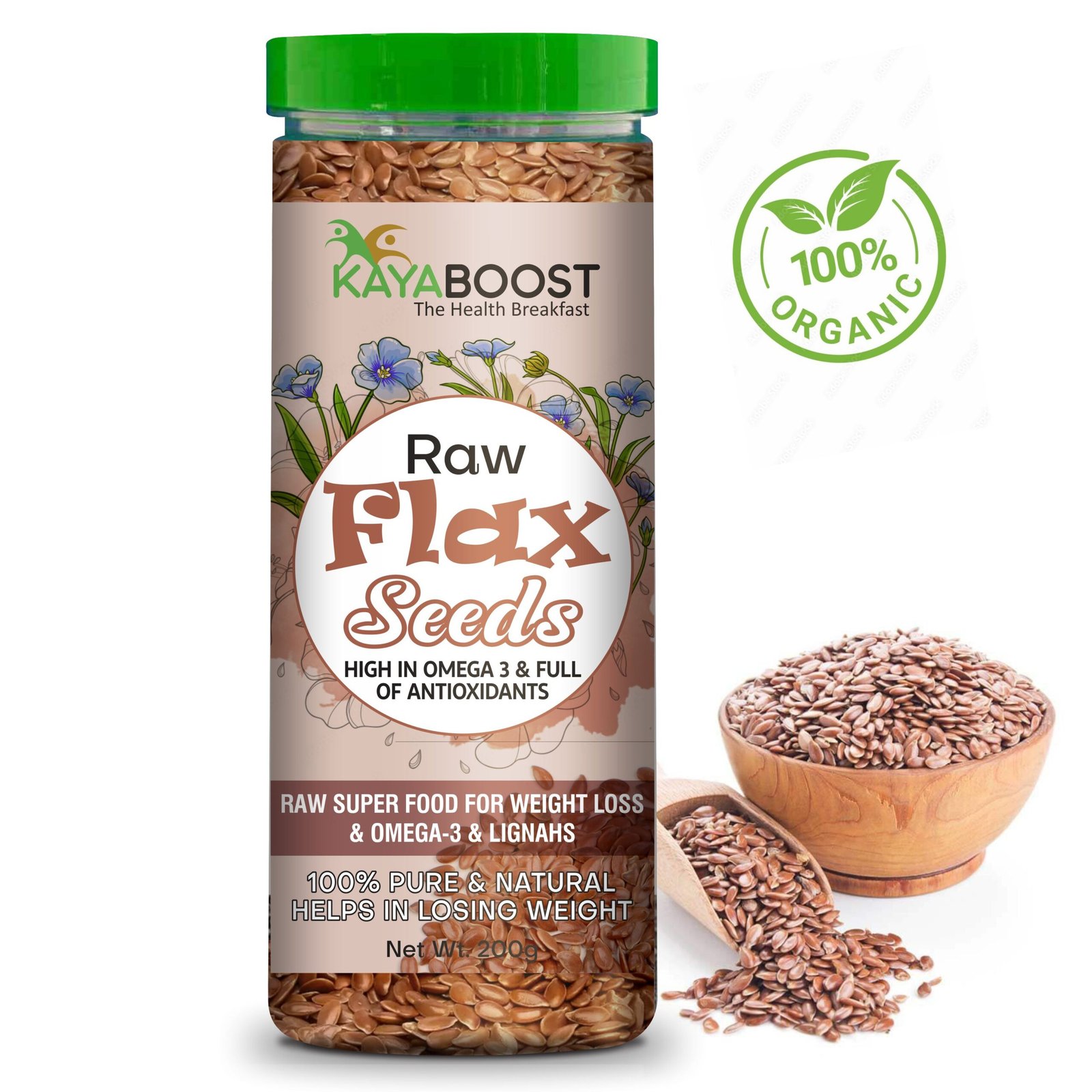 Kayaboost Raw Flax Seeds 200g – 100% Natural & Organic Superfood, Rich in Omega‑3, Fiber & Protein, Supports Heart Health & Weight Management