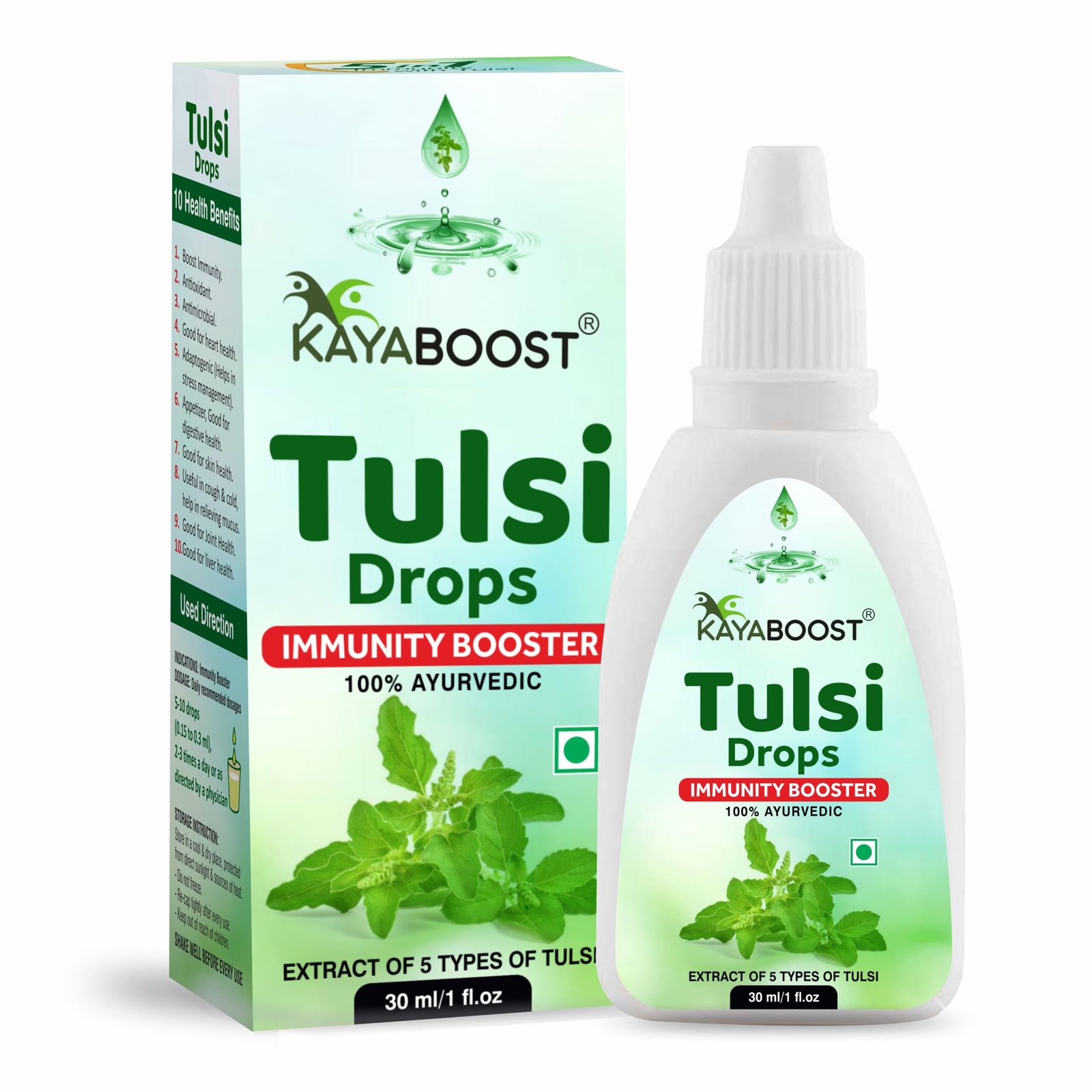 Kayaboost Tulsi Drops 30ml – 100% Ayurvedic Immunity Booster, Extract of 5 Types of Tulsi, Herbal Tulsi Liquid for Cough, Cold & Digestion