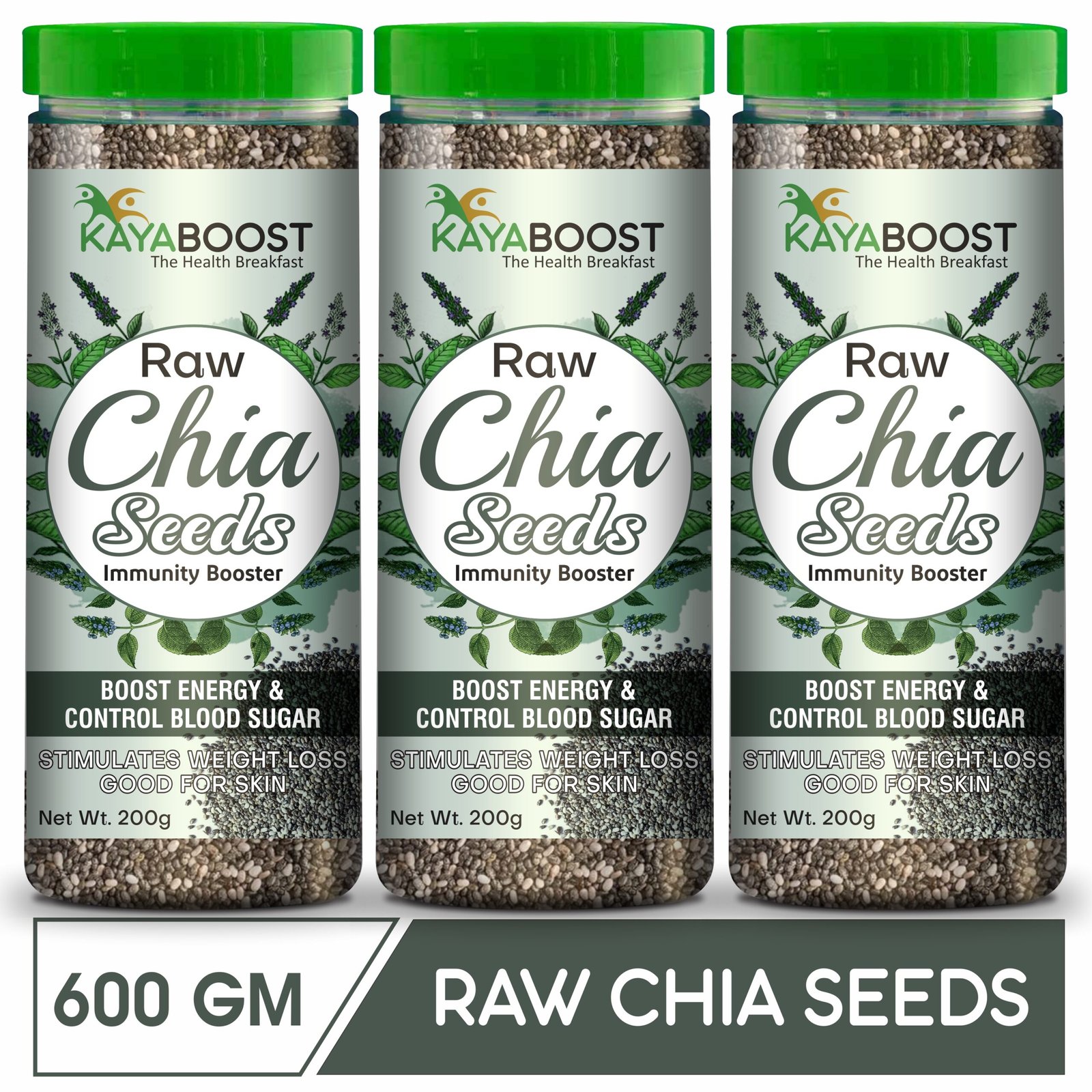 Kayaboost Raw Chia Seeds 200g – 100% Natural Superfood, Rich in Omega‑3, Fiber & Protein, Supports Weight Management, Immunity & Heart Health (Pack of 3)