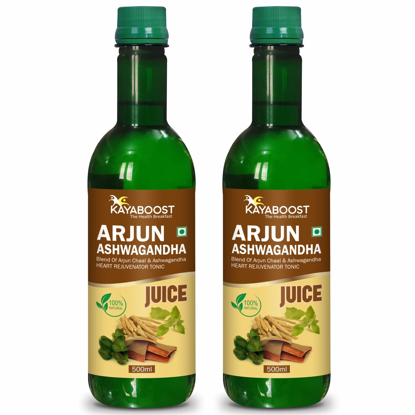 Kayaboost Arjun Ashwagandha Juice 500ml ( Pack of 2 ) – Ayurvedic Heart Rejuvenator Tonic with Arjun Chaal, Ashwagandha, Amla & Aloe Vera | Herbal Support for Heart Health, Stress Relief & Cholesterol Management