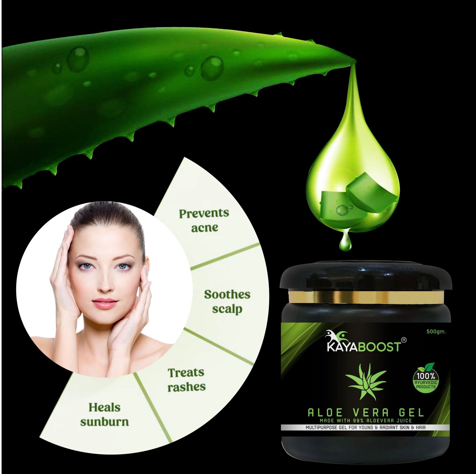KAYABOOST Aloe Vera Gel 500g – 99% Pure Aloe Vera Juice | Multipurpose Ayurvedic Gel for Face, Skin & Hair | Acne Care, Sunburn Relief & Hair Growth Support