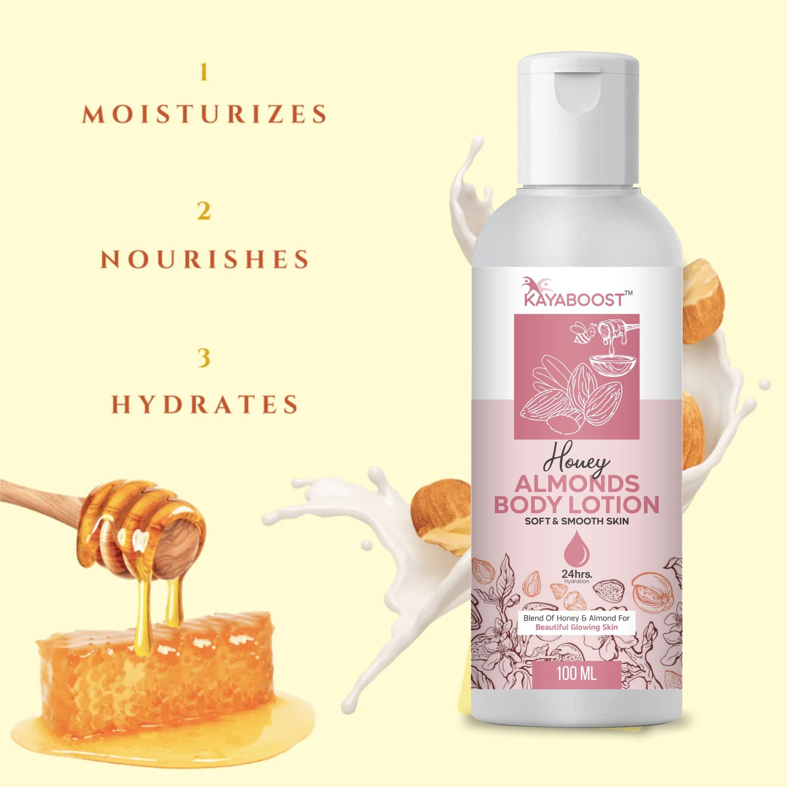 KAYABOOST Honey Almond Body Lotion 100ml – Deep Moisturizing & Nourishing Body Cream for Soft, Smooth & Glowing Skin | 24-Hour Hydration