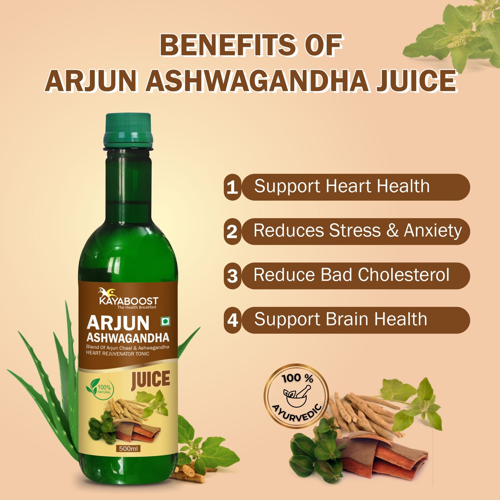 Kayaboost Arjun Ashwagandha Juice 500ml ( Pack of 2 ) – Ayurvedic Heart Rejuvenator Tonic with Arjun Chaal, Ashwagandha, Amla & Aloe Vera | Herbal Support for Heart Health, Stress Relief & Cholesterol Management