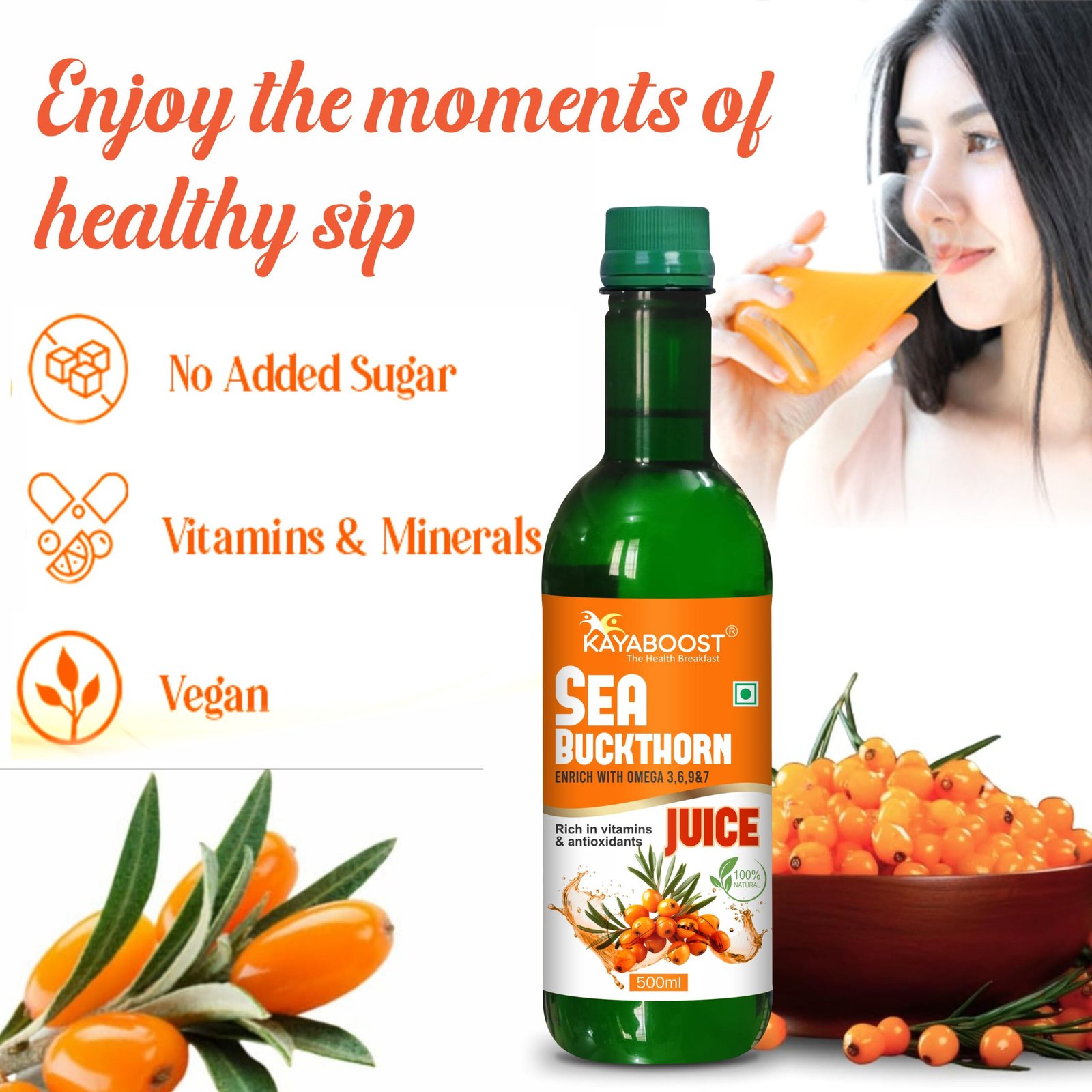 Kayaboost Sea Buckthorn Juice 500ml (Pack of 2) – Rich in Omega 3, 6, 7 & 9 | Natural Antioxidant & Vitamin C Boost | No Added Sugar | Vegan & 100% Natural Health Drink