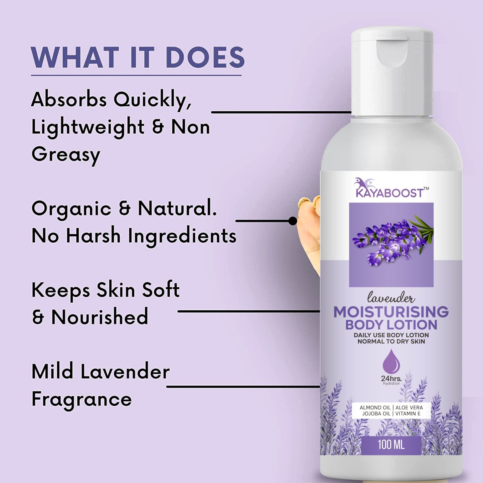 Kayaboost Lavender Moisturising Body Lotion (100ml) – 24hr Hydration for Normal to Dry Skin | With Almond Oil, Aloe Vera, Jojoba Oil & Vitamin E