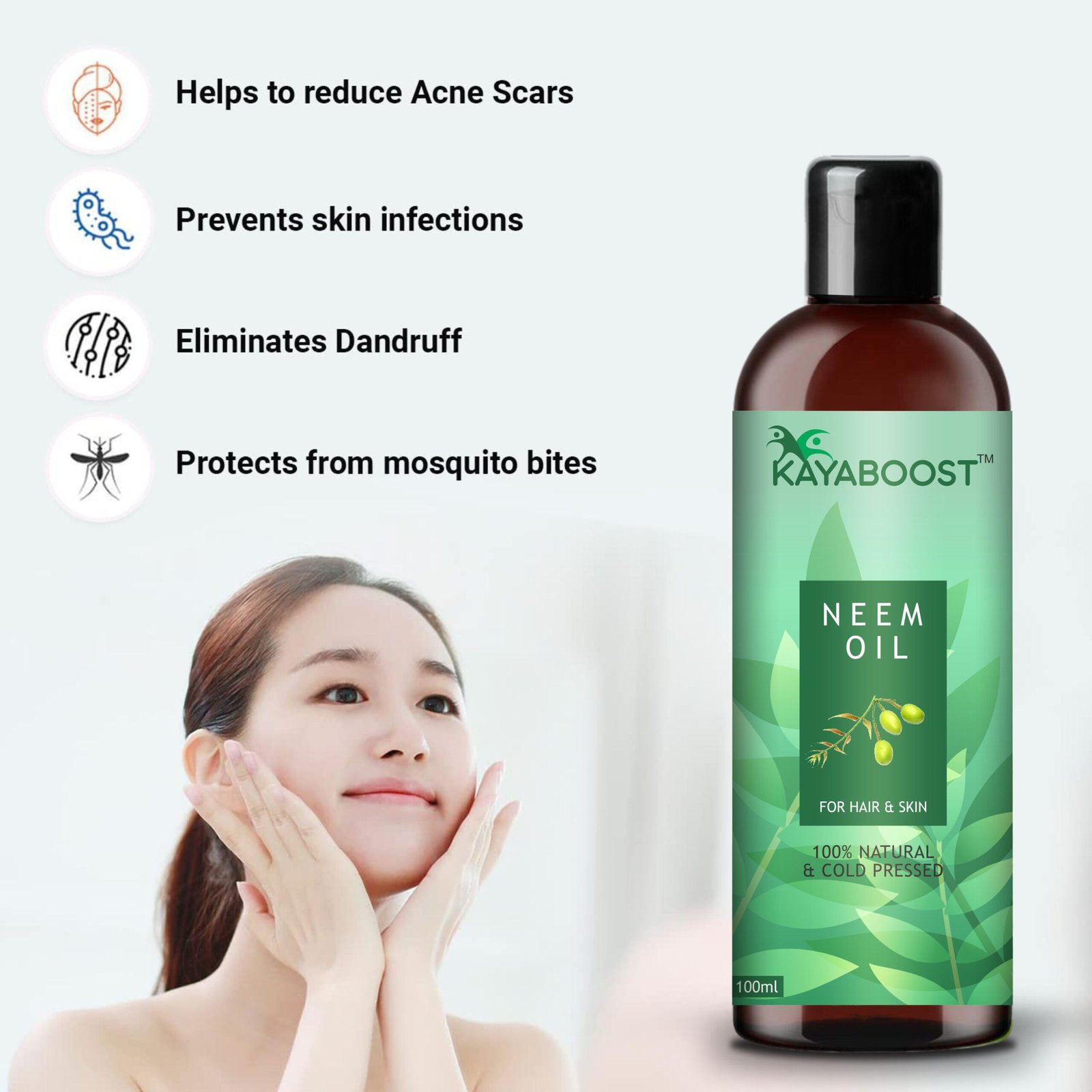 Kayaboost 100% Pure Cold Pressed Neem Oil (100ml) – Natural Neem Oil for Hair & Skin | Acne Care, Dandruff Control & Scalp Treatment