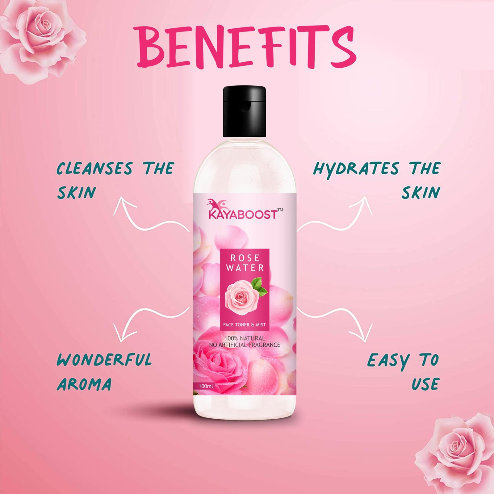 Kayaboost 100% Natural Rose Water 100ml (Pack of 2) – Face Toner & Hydrating Mist | Alcohol-Free, Paraben-Free & Suitable for All Skin Types