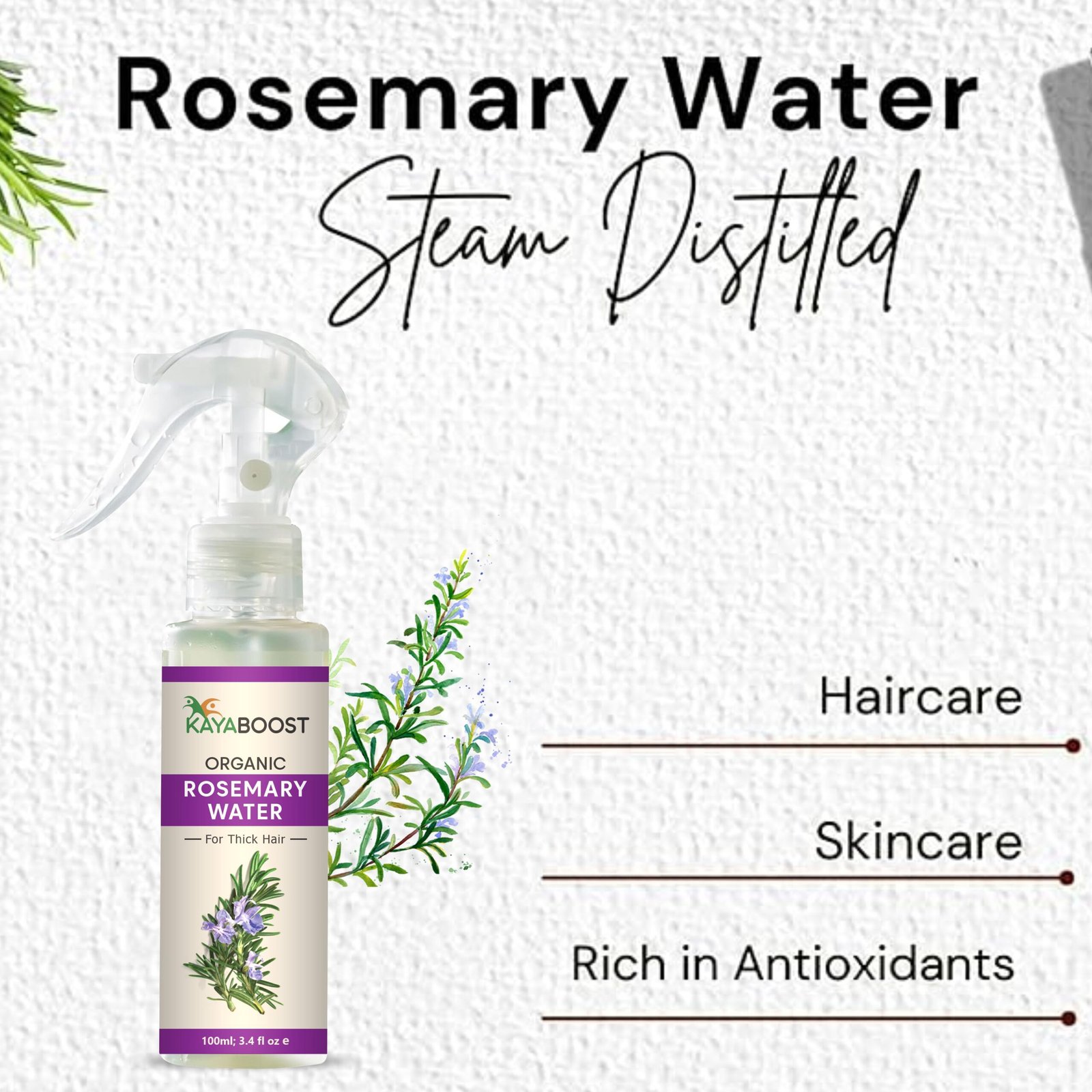 Organic Rosemary Water Spray for Hair Growth – Steam Distilled Rosemary Hydrosol for Thicker, Stronger & Shinier Hair (100ml)