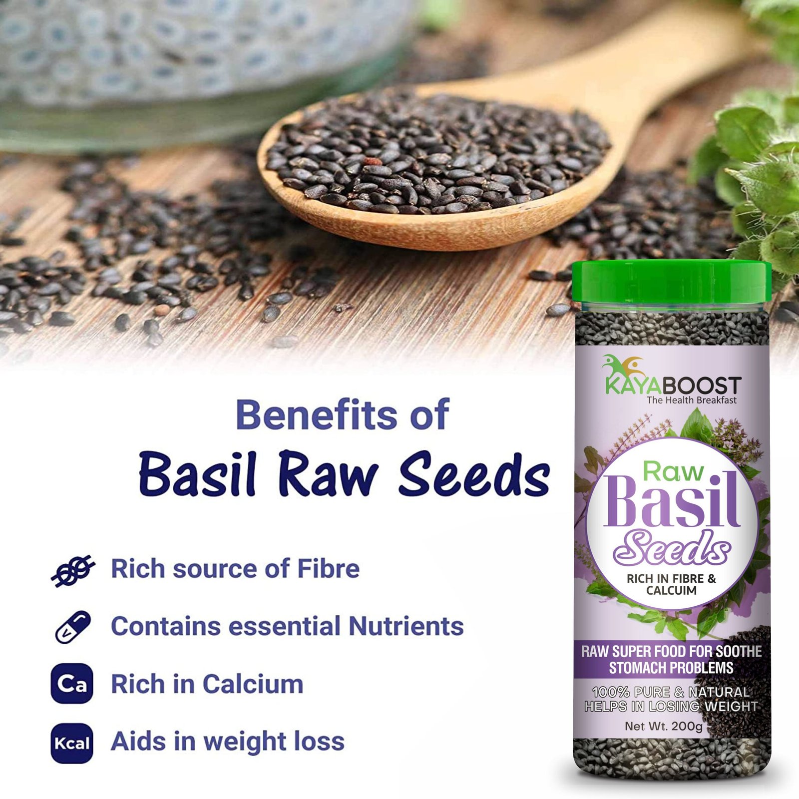 Kayaboost Raw Basil Seeds (Sabja Seeds) 200g – 100% Pure & Natural Superfood, High Fiber & Calcium, Supports Digestion & Weight Management