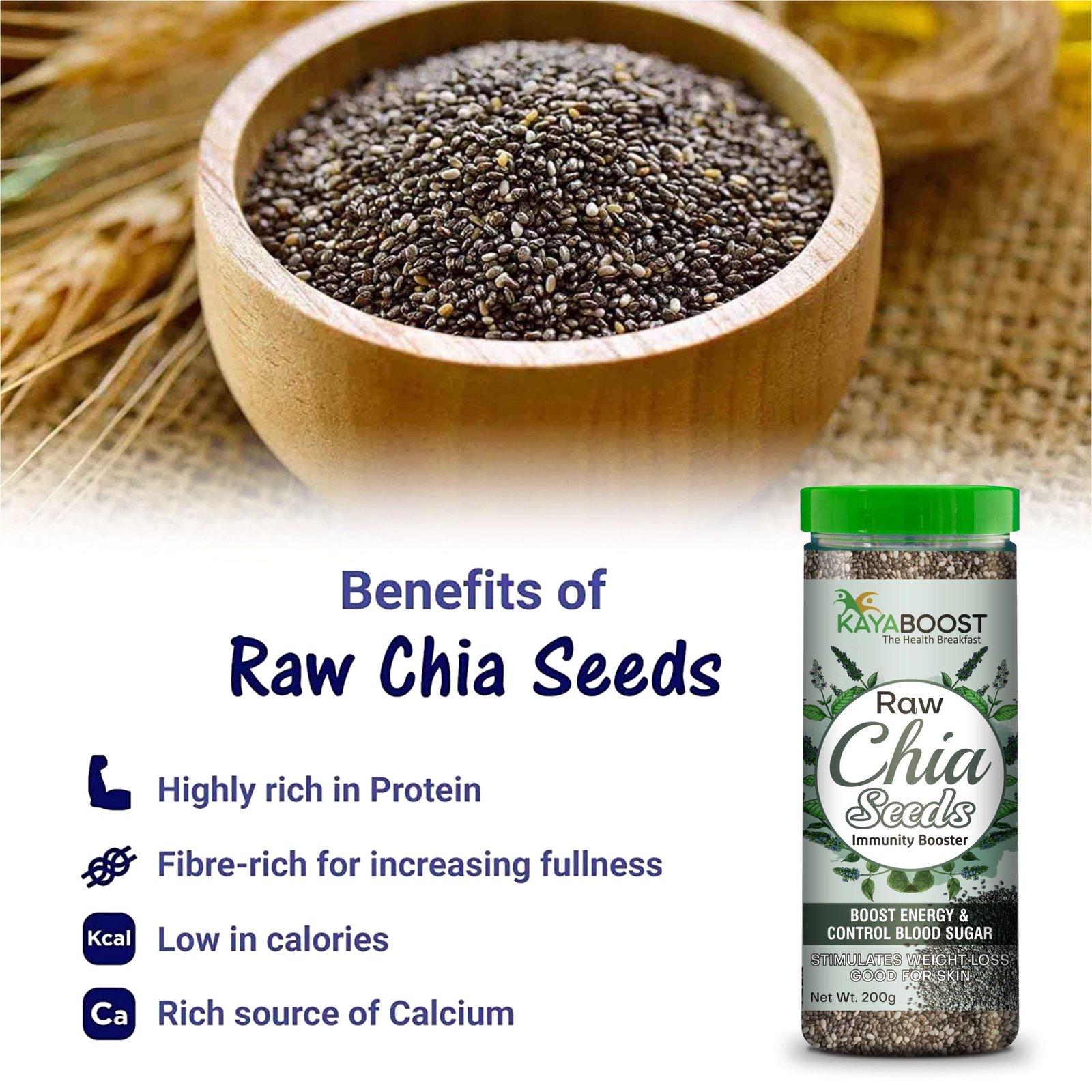 Kayaboost Raw Chia Seeds 200g – 100% Natural Superfood, Rich in Omega‑3, Fiber & Protein, Supports Weight Management, Immunity & Heart Health (Pack of 2)