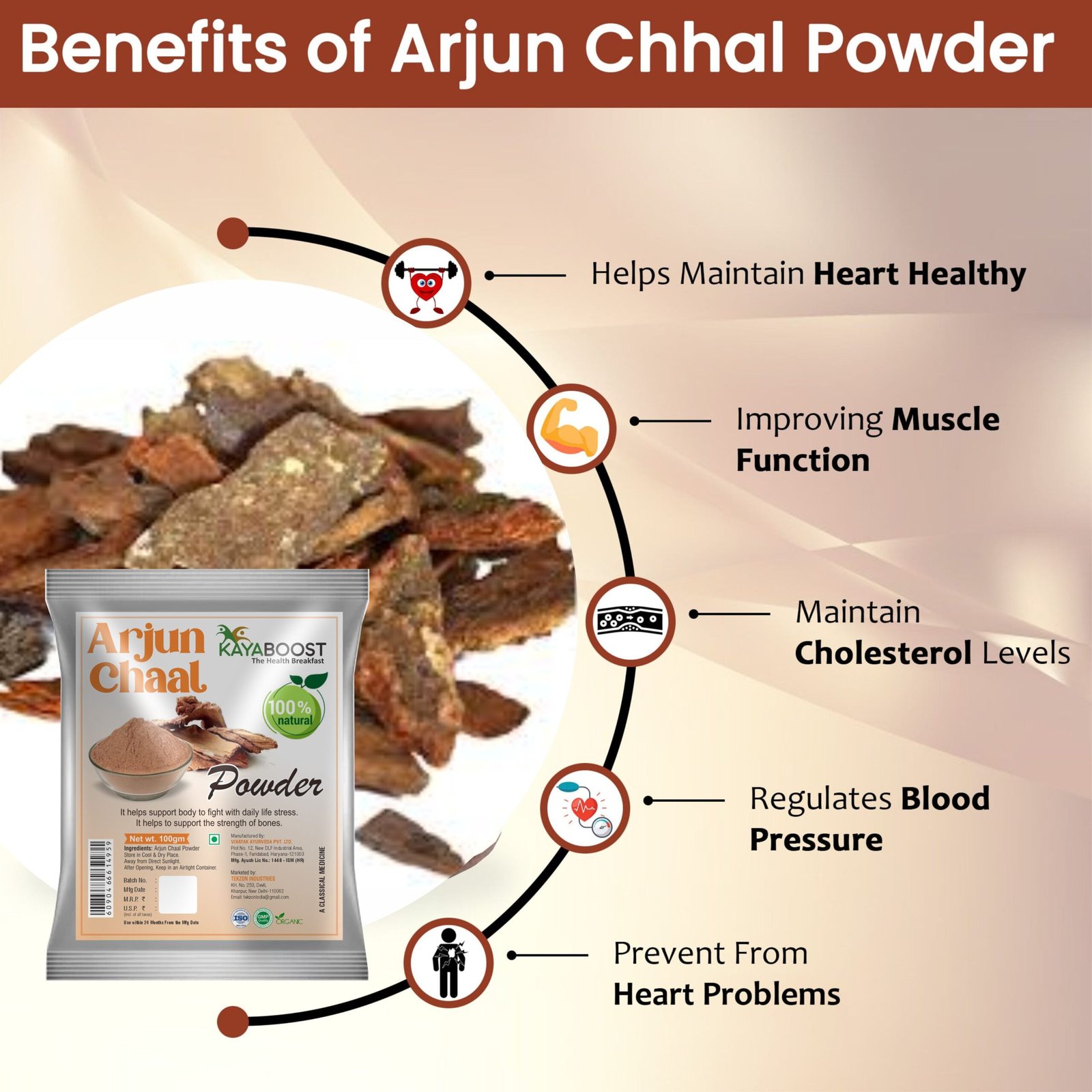 Kayaboost Arjun Chaal Powder (Terminalia Arjuna) – 100% Natural Arjuna Bark Powder for Heart Health, Blood Pressure & Cholesterol Support | Ayurvedic Herbal Supplement 100g (Pack of 3)