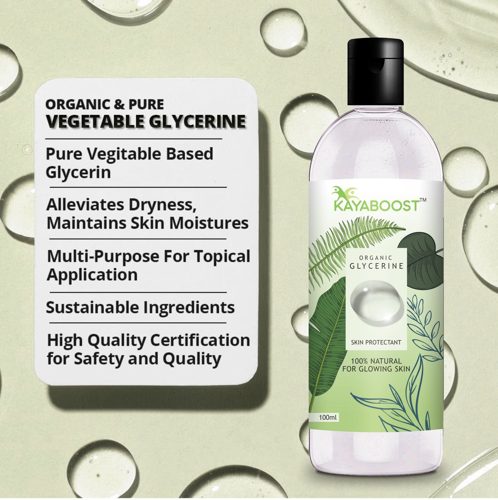 KAYABOOST Organic Glycerine 100ml (Pack of 3) – 100% Pure Vegetable Glycerin for Face, Skin & Hair | Deep Moisturizing Skin Protectant for Dry & Sensitive Skin