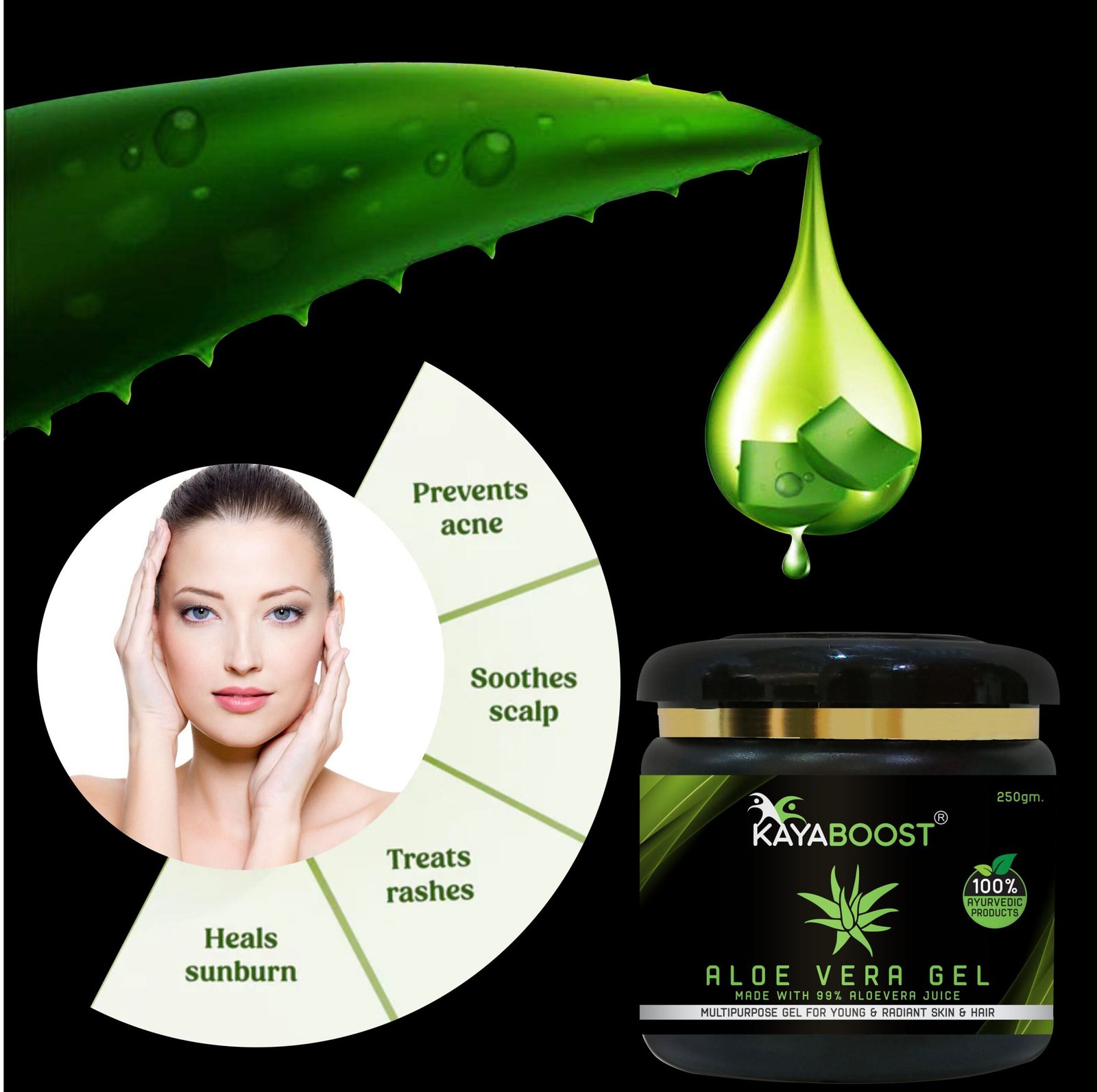 KAYABOOST Aloe Vera Gel 250g – 99% Pure Aloe Vera Juice | Multipurpose Ayurvedic Gel for Face, Skin & Hair | Hydrates, Soothes & Supports Hair Growth