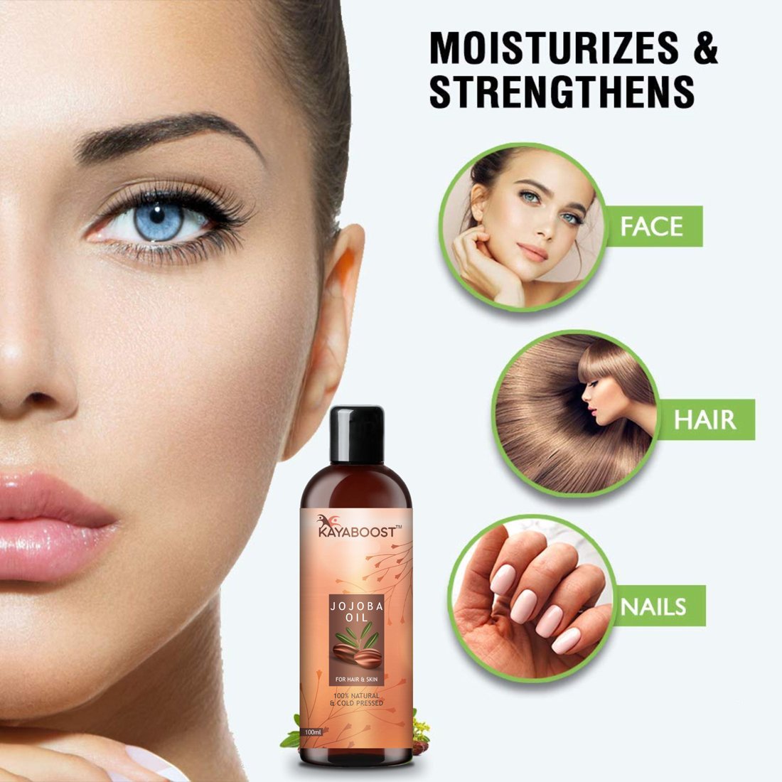 KAYABOOST Jojoba Oil 100ml – 100% Pure & Cold Pressed Natural Jojoba Oil for Face, Hair & Nails | Deep Hydration, Anti-Aging & Moisturizing Oil