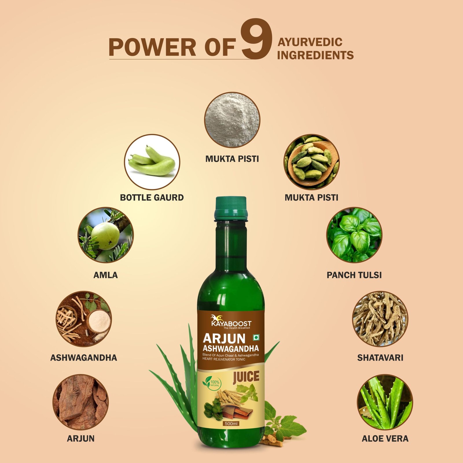 Kayaboost Arjun Ashwagandha Juice 500ml – Ayurvedic Heart Rejuvenator Tonic with Arjun Chaal, Ashwagandha, Amla & Aloe Vera | Herbal Support for Heart Health, Stress Relief & Cholesterol Management