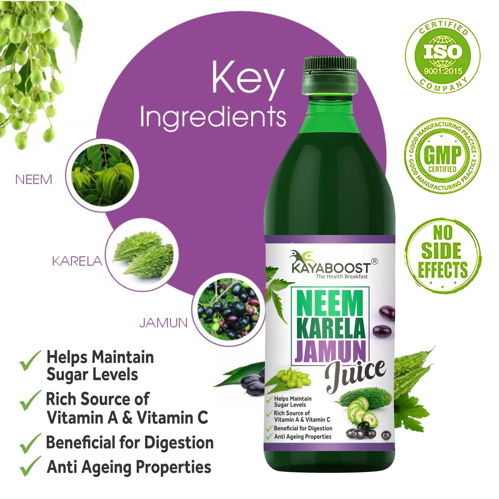 Kayaboost Neem Karela Jamun Juice 500ml – Ayurvedic Herbal Juice for Blood Sugar Support & Metabolic Health | Neem, Bitter Gourd (Karela) & Jamun Blend | Natural Immunity & Digestive Support