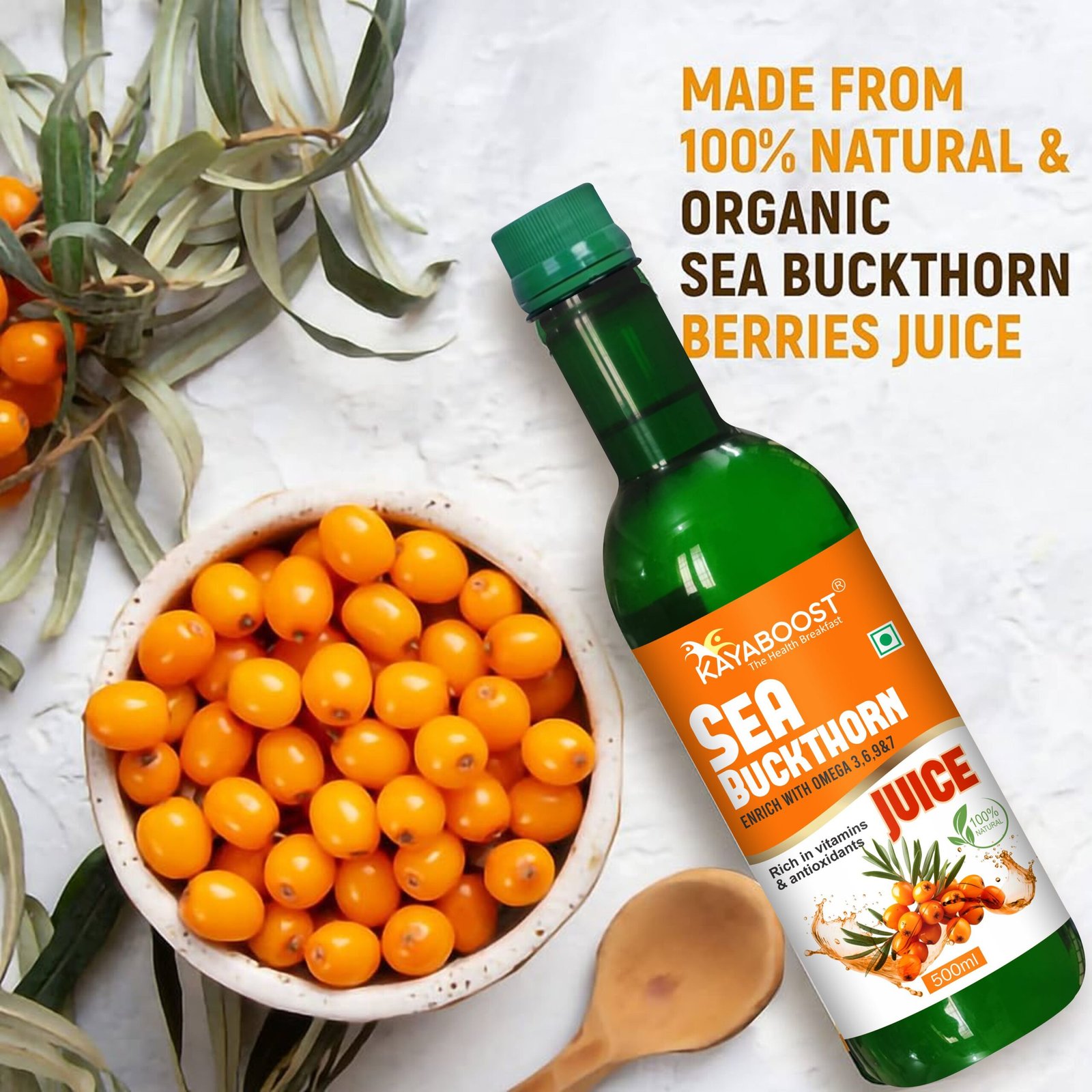Kayaboost Sea Buckthorn Juice 500ml (Pack of 2) – Rich in Omega 3, 6, 7 & 9 | Natural Antioxidant & Vitamin C Boost | No Added Sugar | Vegan & 100% Natural Health Drink