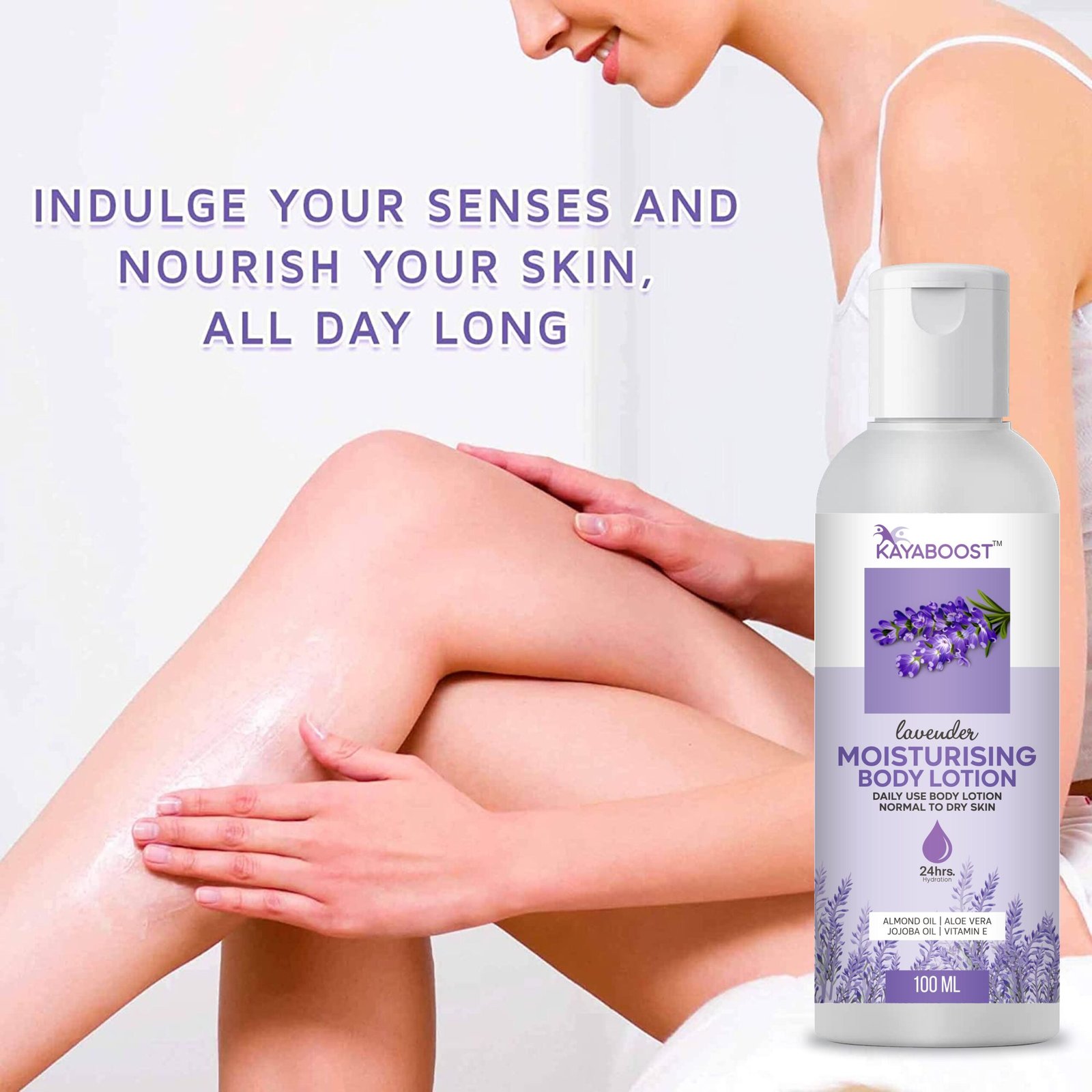 Kayaboost Lavender Moisturising Body Lotion (100ml) – 24hr Hydration for Normal to Dry Skin | With Almond Oil, Aloe Vera, Jojoba Oil & Vitamin E
