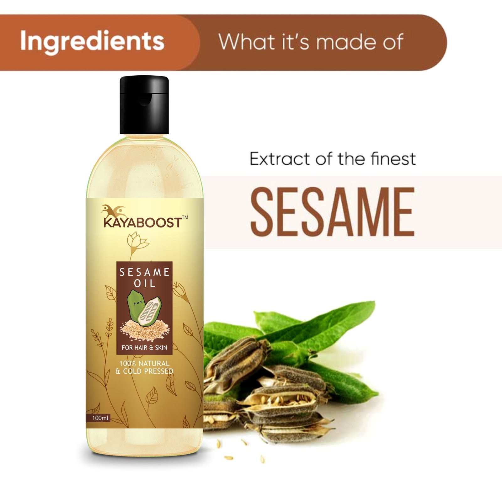 Kayaboost 100% Natural Cold Pressed Sesame Oil for Hair & Skin – Anti Hair Loss, Hair Growth Booster & Deep Nourishment 100ml (Pack of 2)