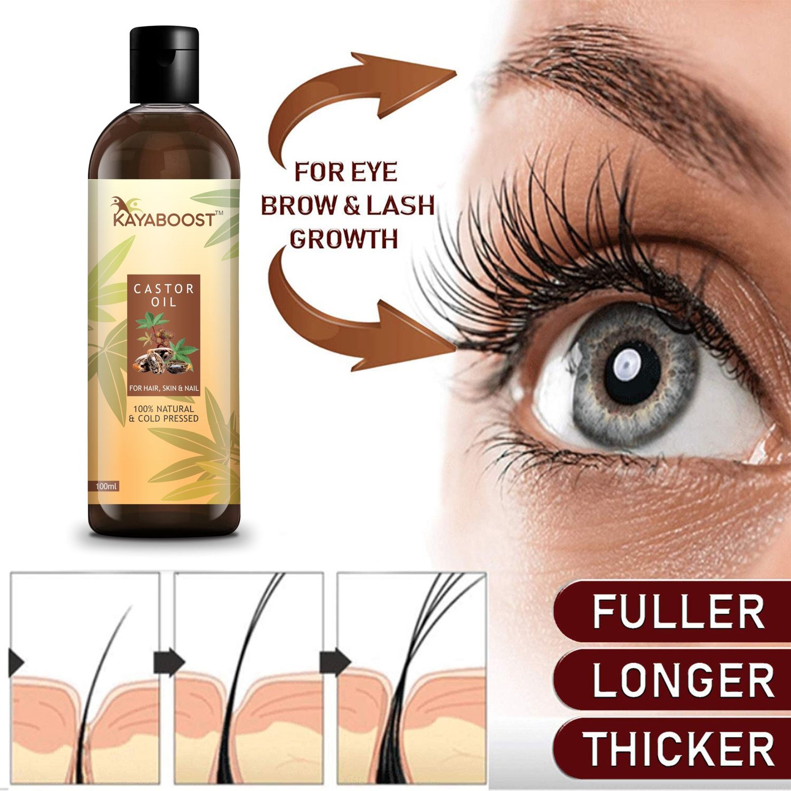KAYABOOST Castor Oil 100ml (Pack of 3) – 100% Pure & Cold Pressed Natural Castor Oil for Hair Growth, Eyelashes, Eyebrows, Skin & Nails | Deep Nourishing Multipurpose Oil