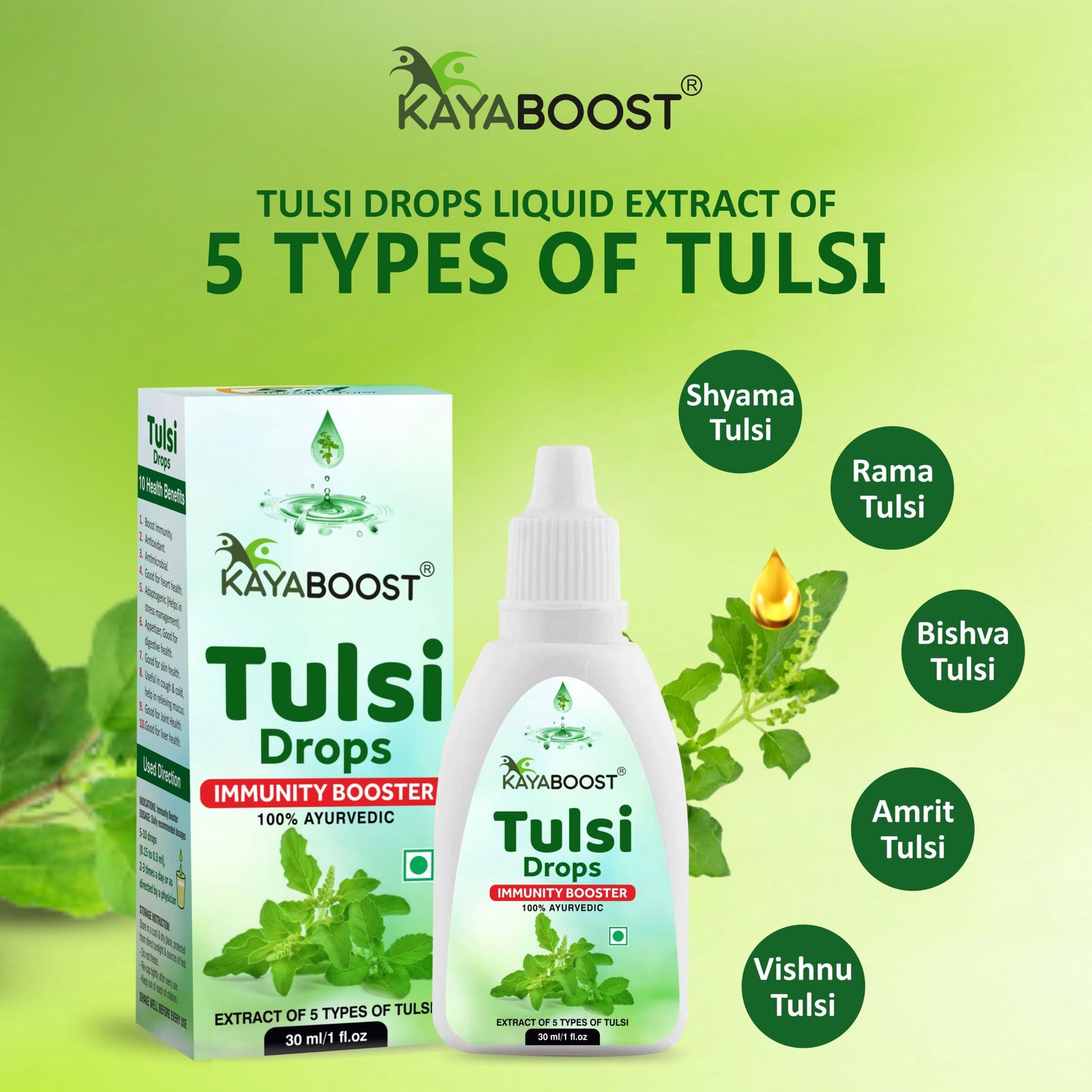 Kayaboost Tulsi Drops 30ml – 100% Ayurvedic Immunity Booster, Extract of 5 Types of Tulsi, Herbal Tulsi Liquid for Cough, Cold & Digestion (Pack of 2)