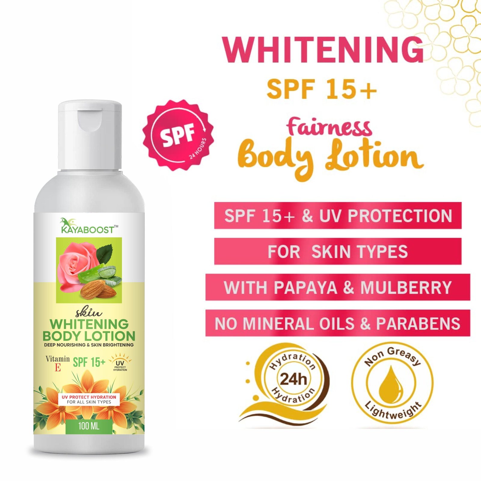 KAYABOOST Skin Whitening Body Lotion SPF 15+ | Vitamin E Brightening & Deep Nourishing Moisturizer | UV Protection | 100ml