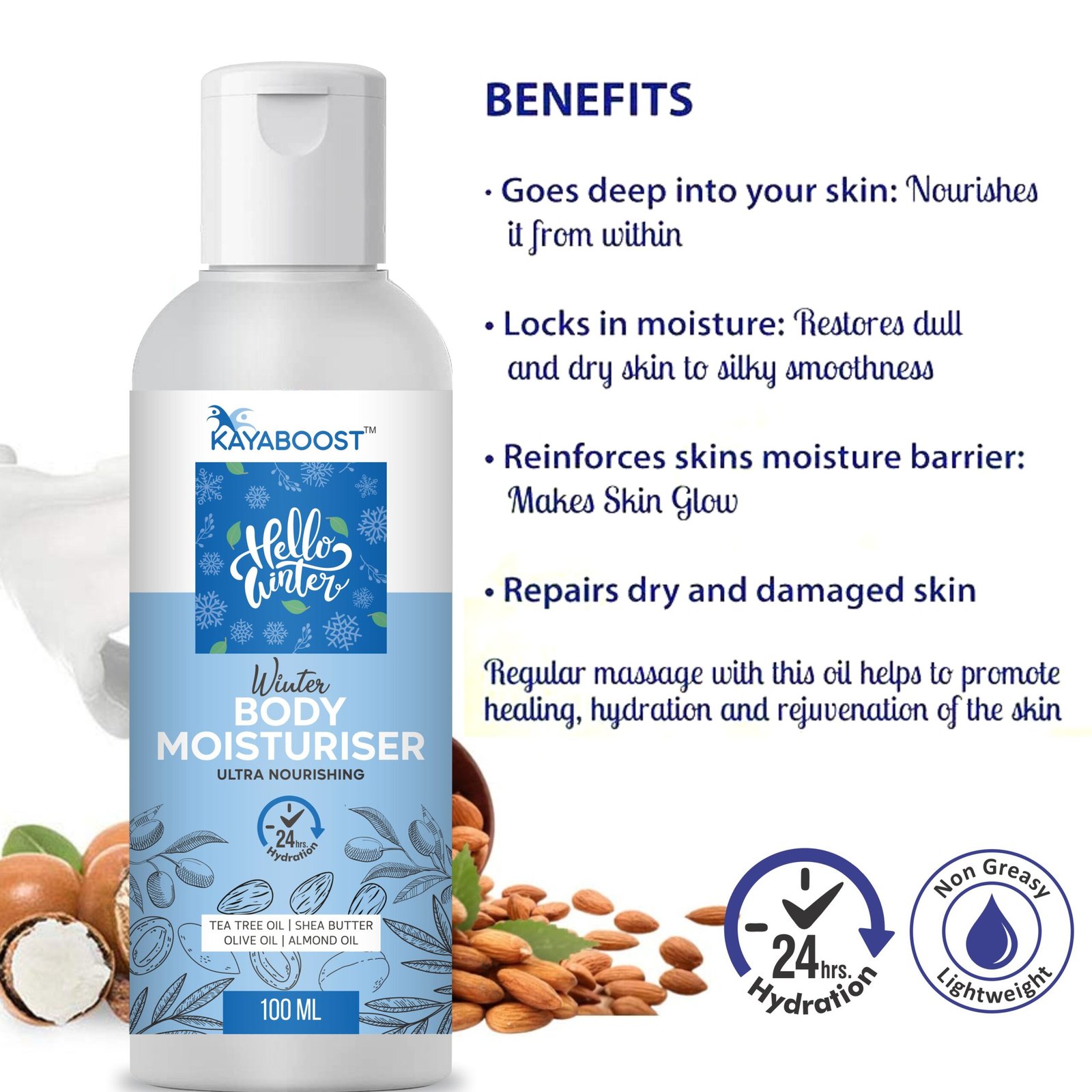KAYABOOST Winter Body Moisturiser 100ml – Ultra Nourishing Body Lotion with Shea Butter, Almond Oil, Olive Oil & Aloe Vera | 24hr Hydration for Dry & Sensitive Skin