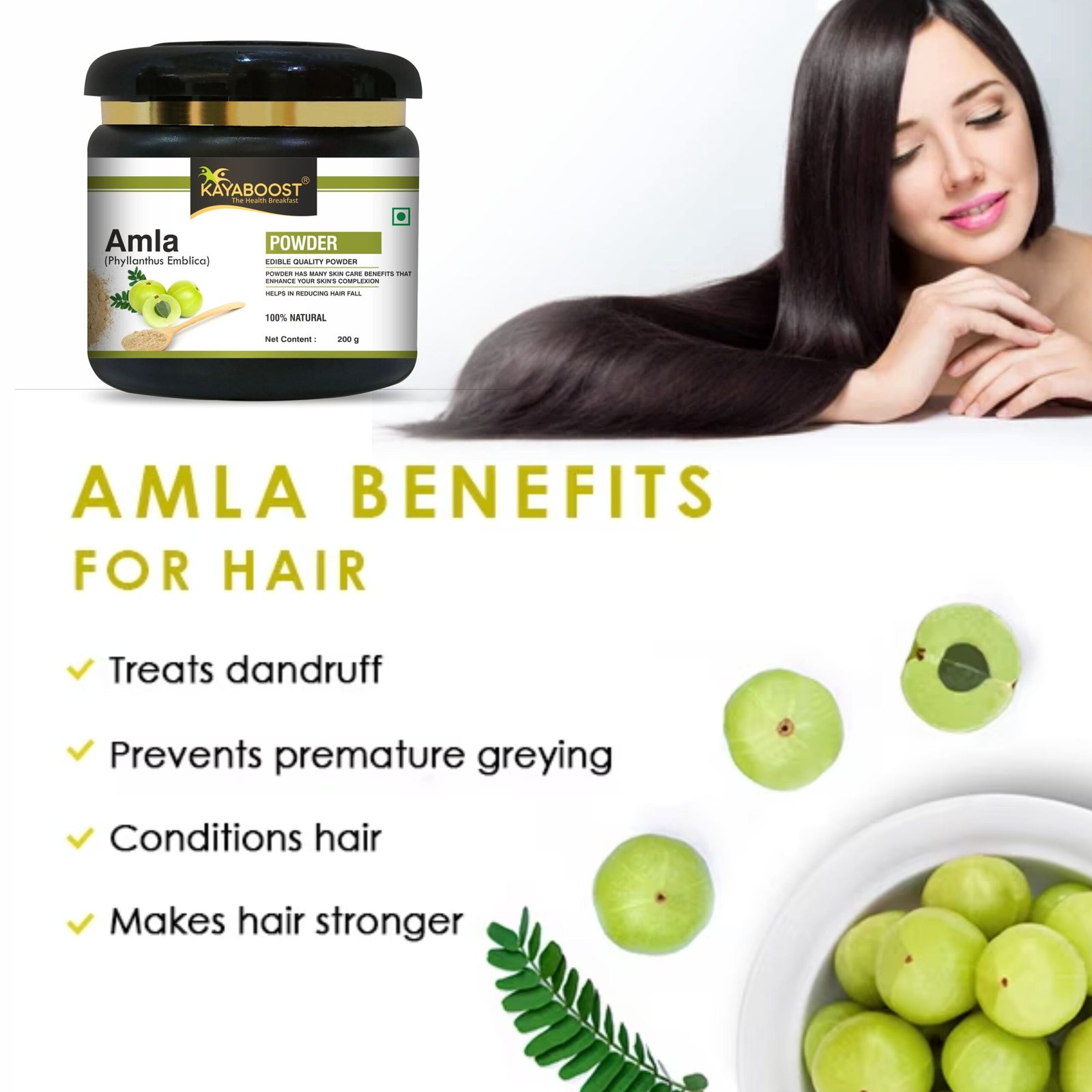 Kayaboost Amla Powder (Phyllanthus Emblica) 200g – 100% Natural & Edible Indian Gooseberry Powder – Rich in Vitamin C for Immunity, Hair Growth, Skin Glow & Digestion Support