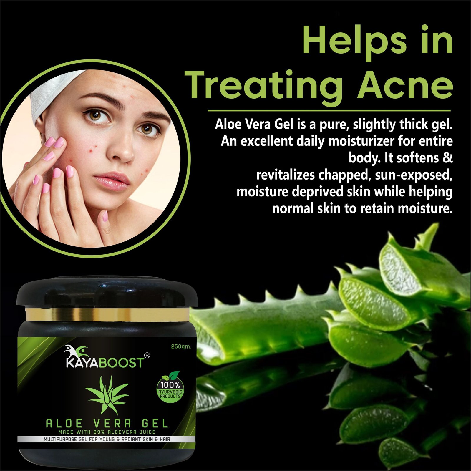 KAYABOOST Aloe Vera Gel 250g – 99% Pure Aloe Vera Juice | Multipurpose Ayurvedic Gel for Face, Skin & Hair | Hydrates, Soothes & Supports Hair Growth