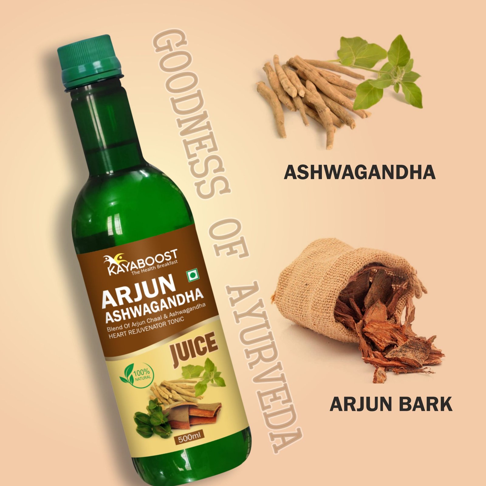 Kayaboost Arjun Ashwagandha Juice 500ml ( Pack of 2 ) – Ayurvedic Heart Rejuvenator Tonic with Arjun Chaal, Ashwagandha, Amla & Aloe Vera | Herbal Support for Heart Health, Stress Relief & Cholesterol Management