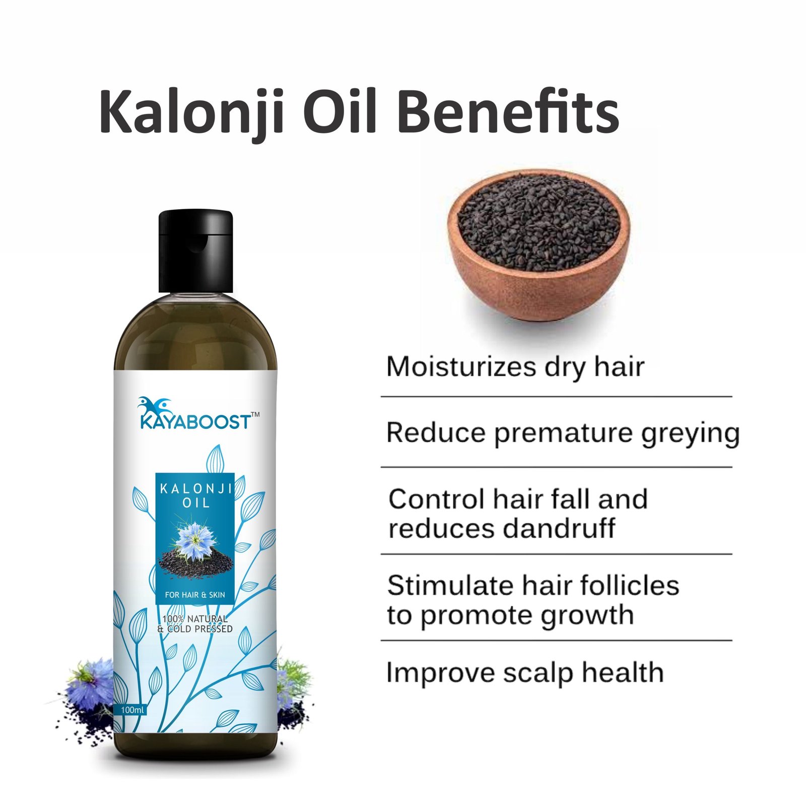 Kayaboost Kalonji Oil 100ml (Pack of 3) – 100% Natural & Cold Pressed Black Seed (Nigella Sativa) Oil for Hair & Skin | Supports Hair Growth, Scalp Care & Deep Moisturizing