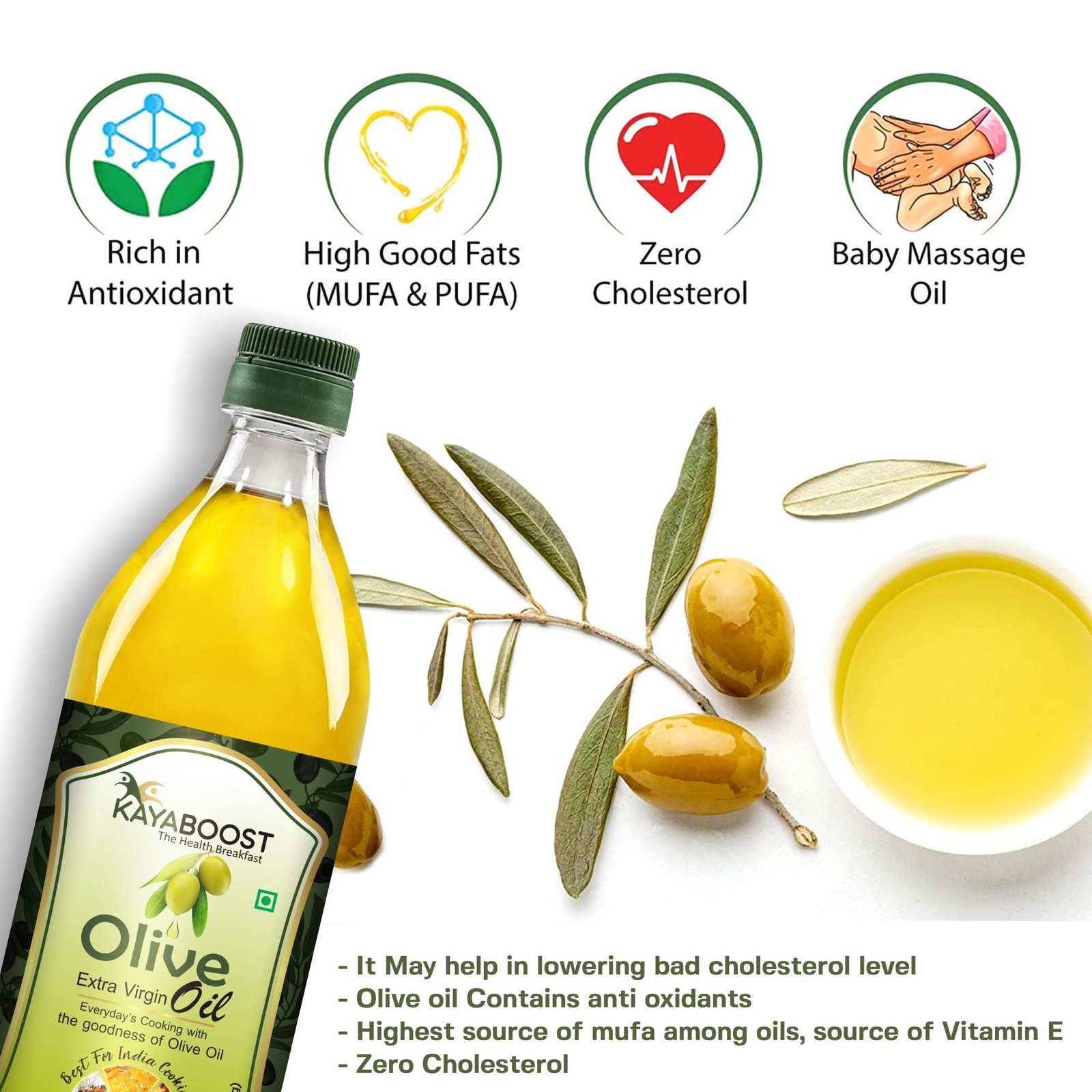 Kayaboost Extra Virgin Olive Oil 500ml – 100% Pure Cold Pressed Olive Oil for Cooking | Rich in Antioxidants, High MUFA & PUFA, Zero Cholesterol
