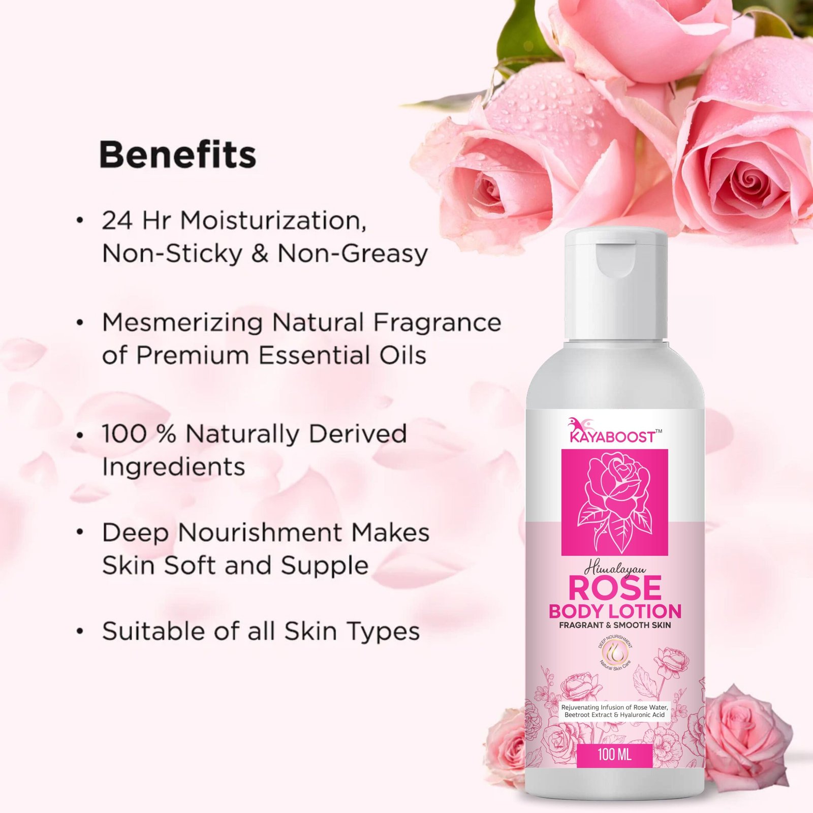 Kayaboost Himalayan Rose Body Lotion (100ml) – 24Hr Moisturizing & Hydrating Body Lotion with Rose Water, Beetroot Extract & Hyaluronic Acid