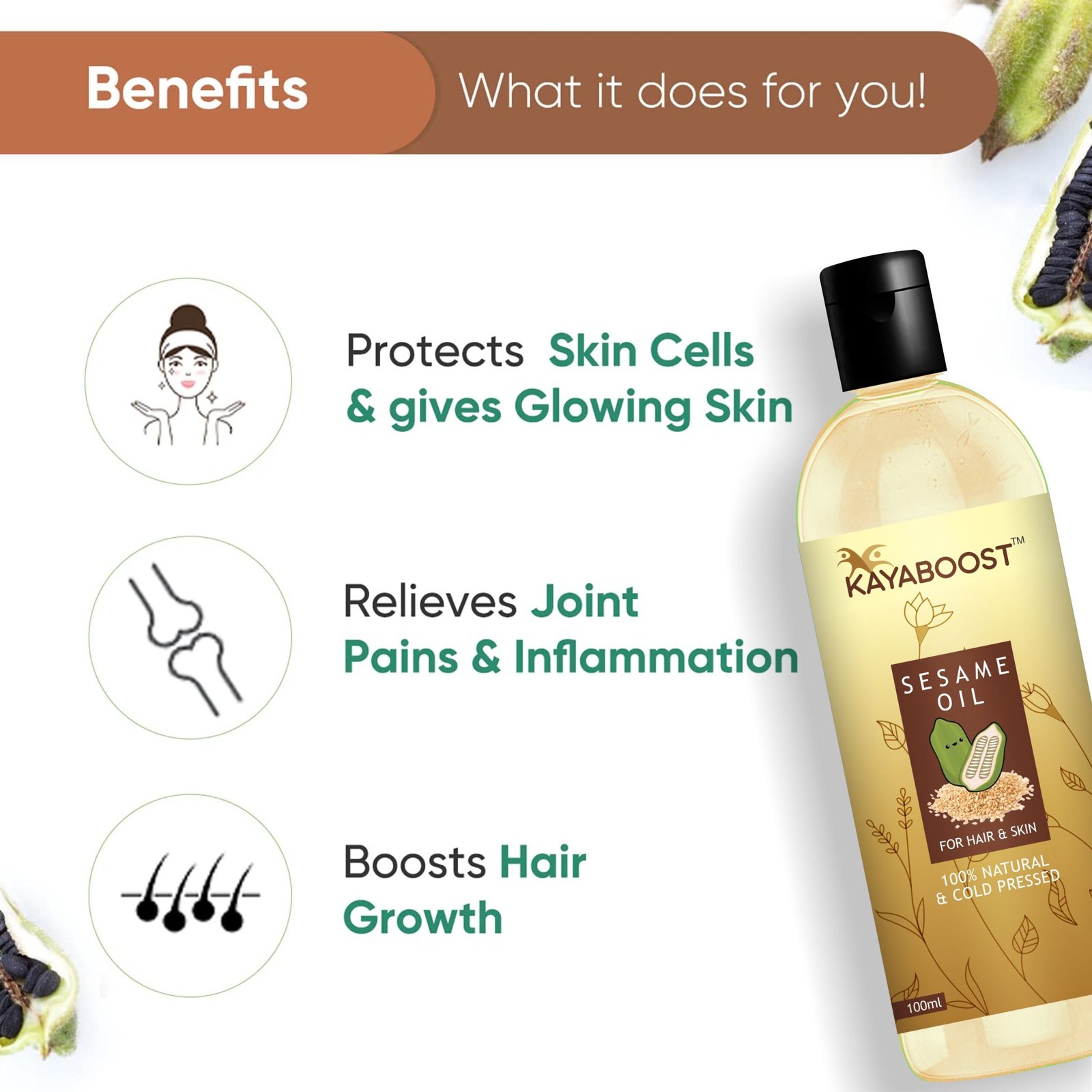 Kayaboost 100% Natural Cold Pressed Sesame Oil for Hair & Skin – Anti Hair Loss, Hair Growth Booster & Deep Nourishment 100ml (Pack of 3)