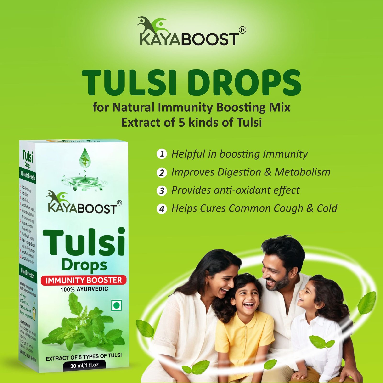 Kayaboost Tulsi Drops 30ml – 100% Ayurvedic Immunity Booster, Extract of 5 Types of Tulsi, Herbal Tulsi Liquid for Cough, Cold & Digestion (Pack of 2)