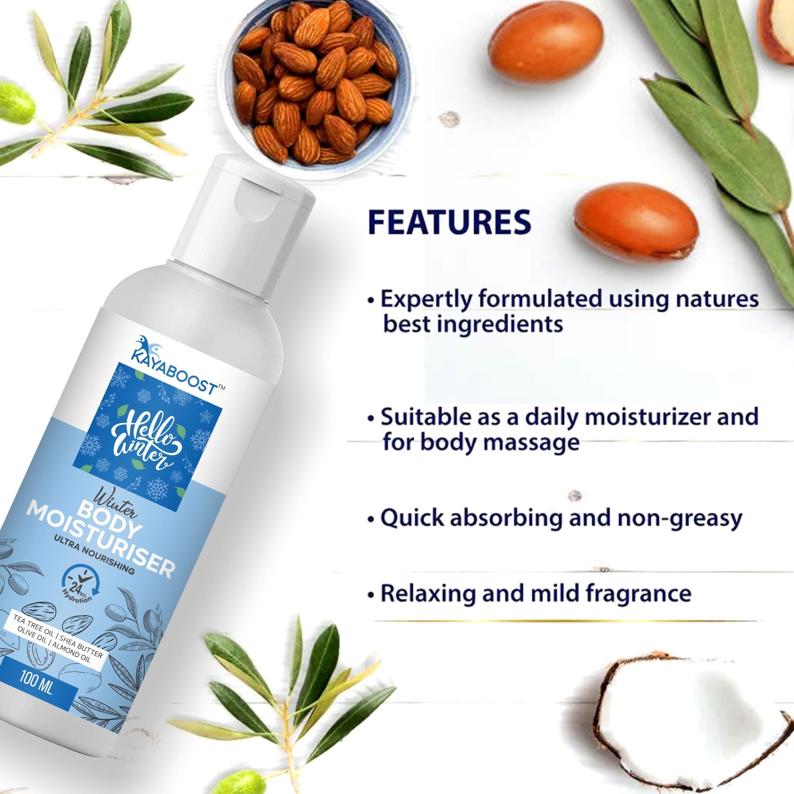 KAYABOOST Winter Body Moisturiser 100ml – Ultra Nourishing Body Lotion with Shea Butter, Almond Oil, Olive Oil & Aloe Vera | 24hr Hydration for Dry & Sensitive Skin