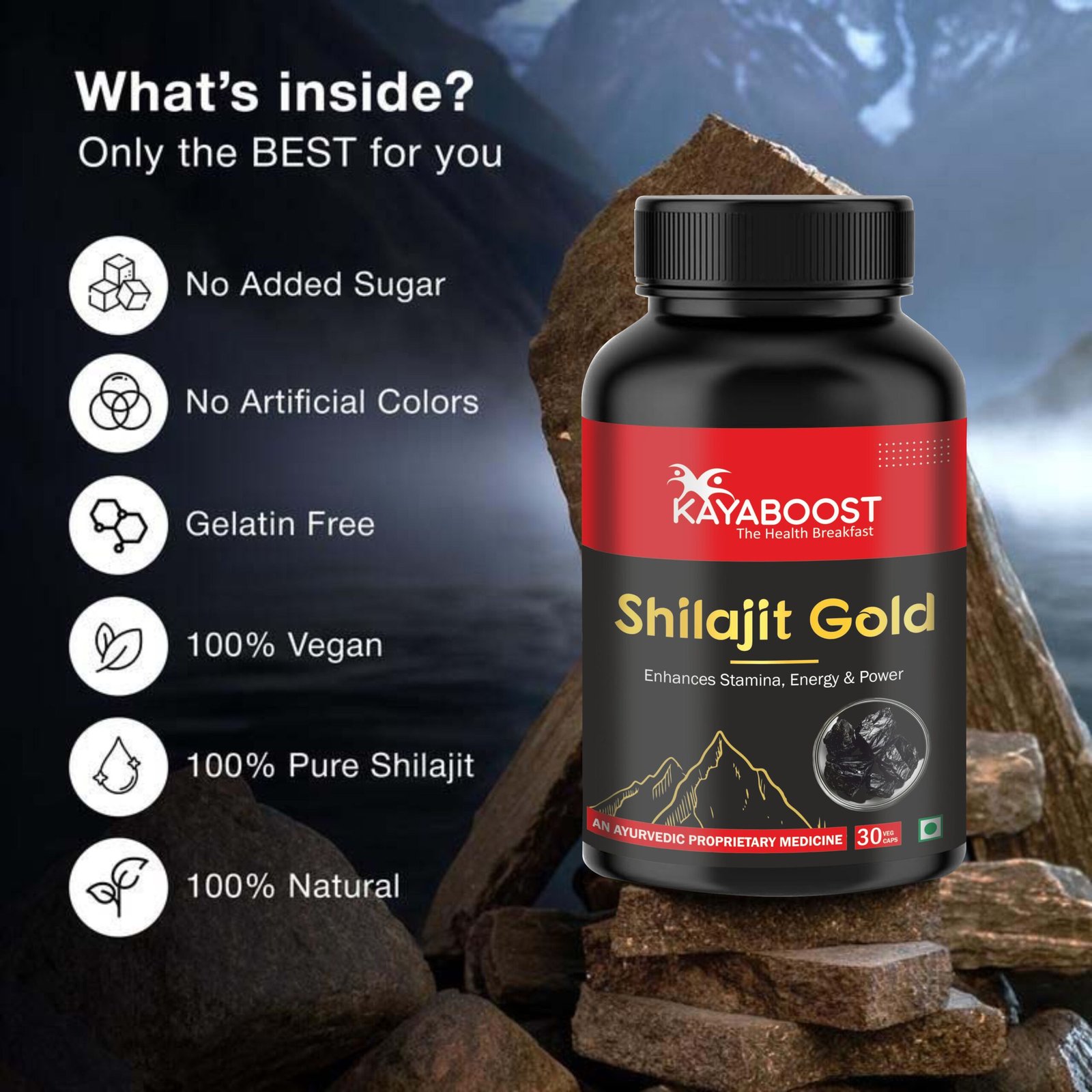 KAYABOOST Shilajit Gold Capsules – 100% Pure Ayurvedic Shilajit Supplement for Energy, Stamina & Immunity | Enhances Strength & Vitality | 30 Veg Capsules