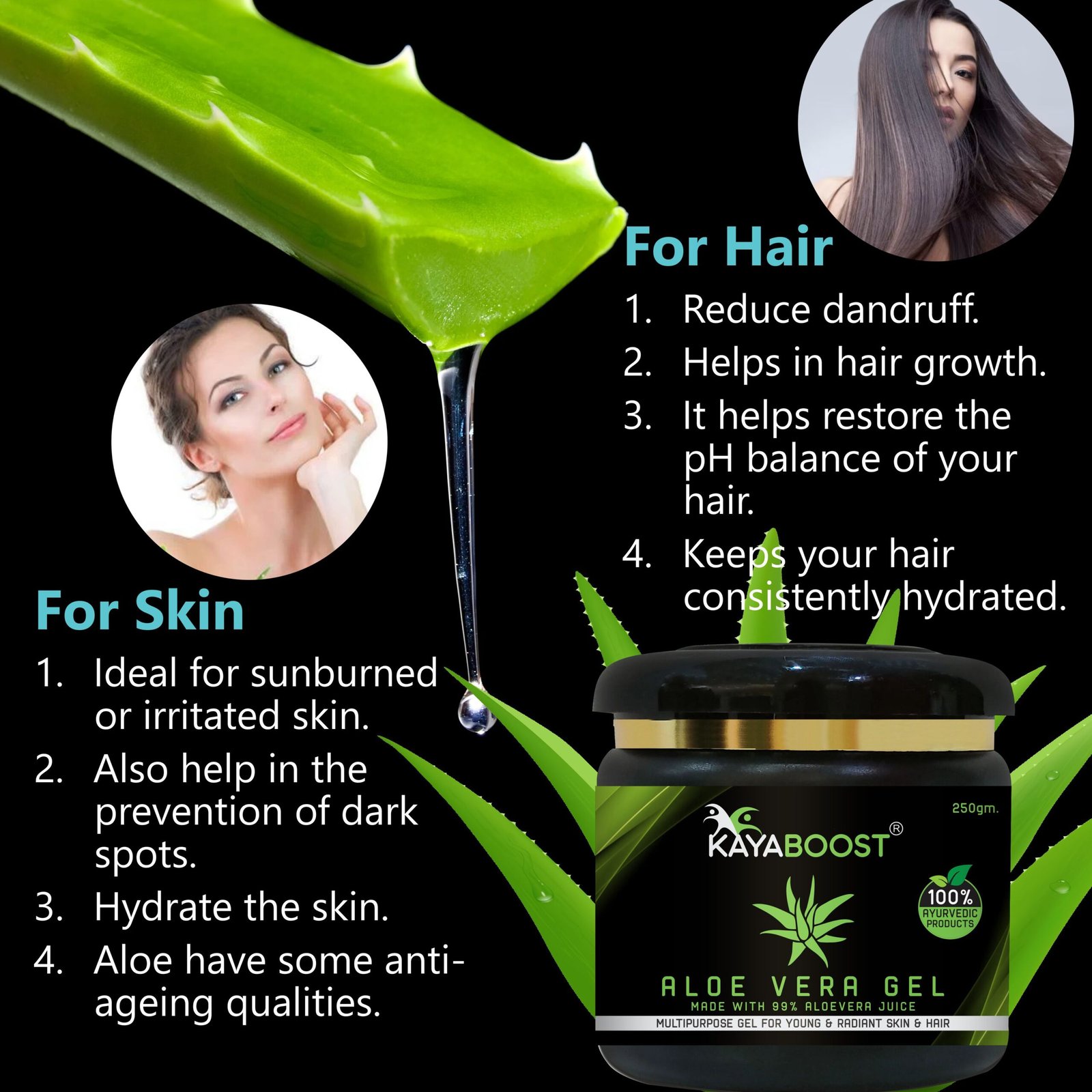 KAYABOOST Aloe Vera Gel 250g – 99% Pure Aloe Vera Juice | Multipurpose Ayurvedic Gel for Face, Skin & Hair | Hydrates, Soothes & Supports Hair Growth