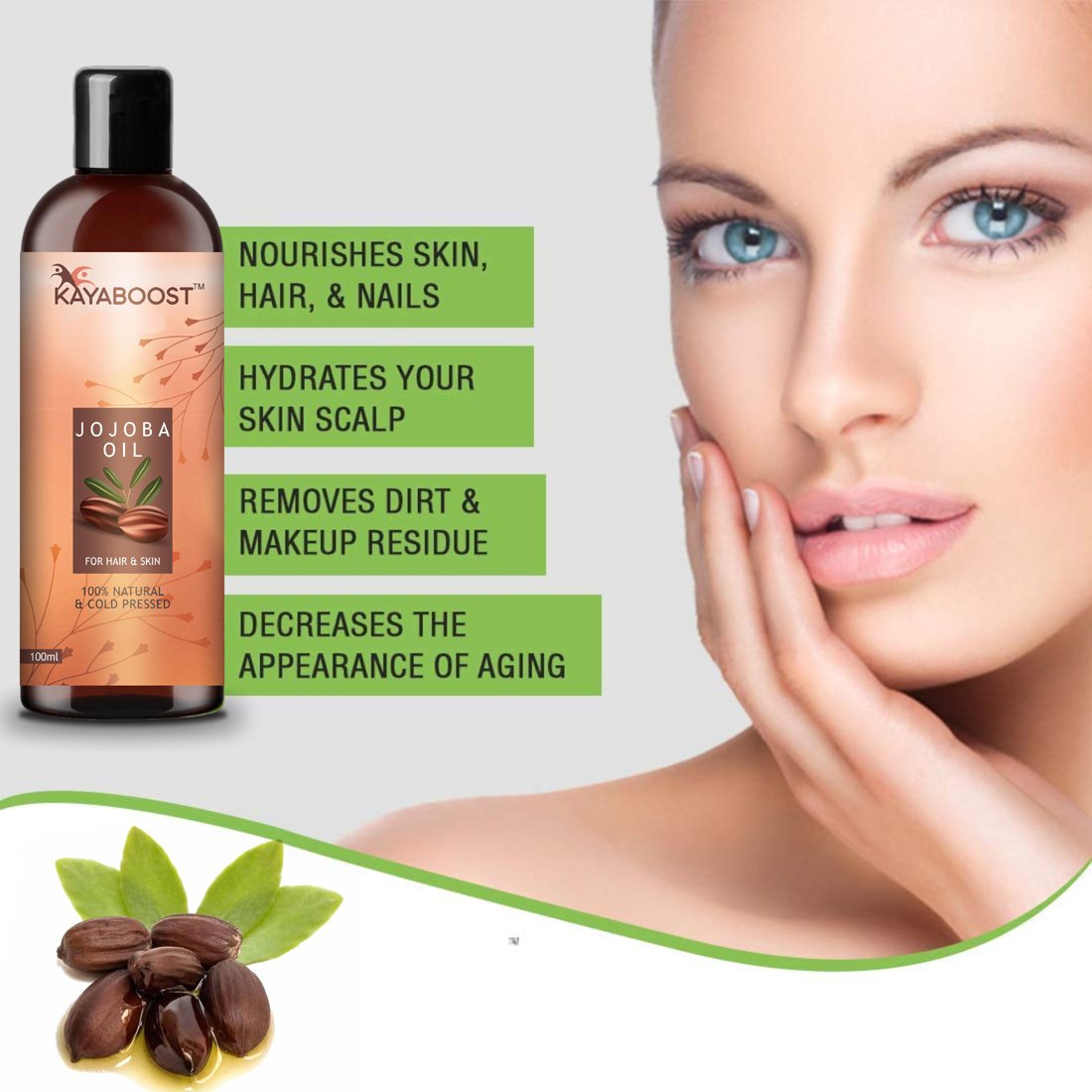 KAYABOOST Jojoba Oil 100ml – 100% Pure & Cold Pressed Natural Jojoba Oil for Face, Hair & Nails | Deep Hydration, Anti-Aging & Moisturizing Oil