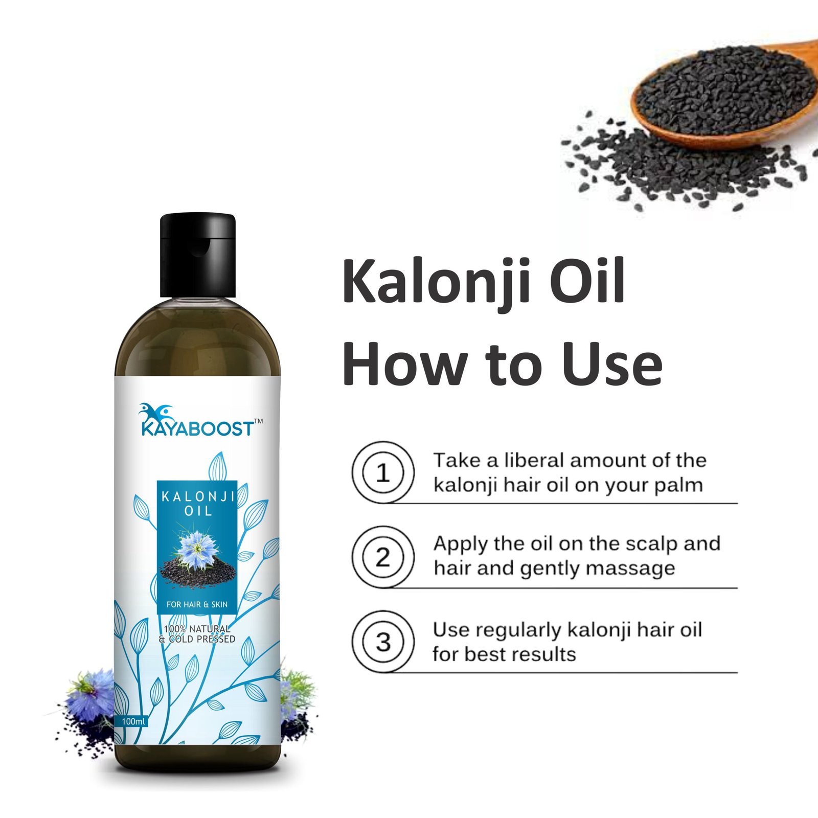 Kayaboost Kalonji Oil 100ml – 100% Natural & Cold Pressed Black Seed (Nigella Sativa) Oil for Hair & Skin | Supports Hair Growth, Scalp Care & Deep Moisturizing