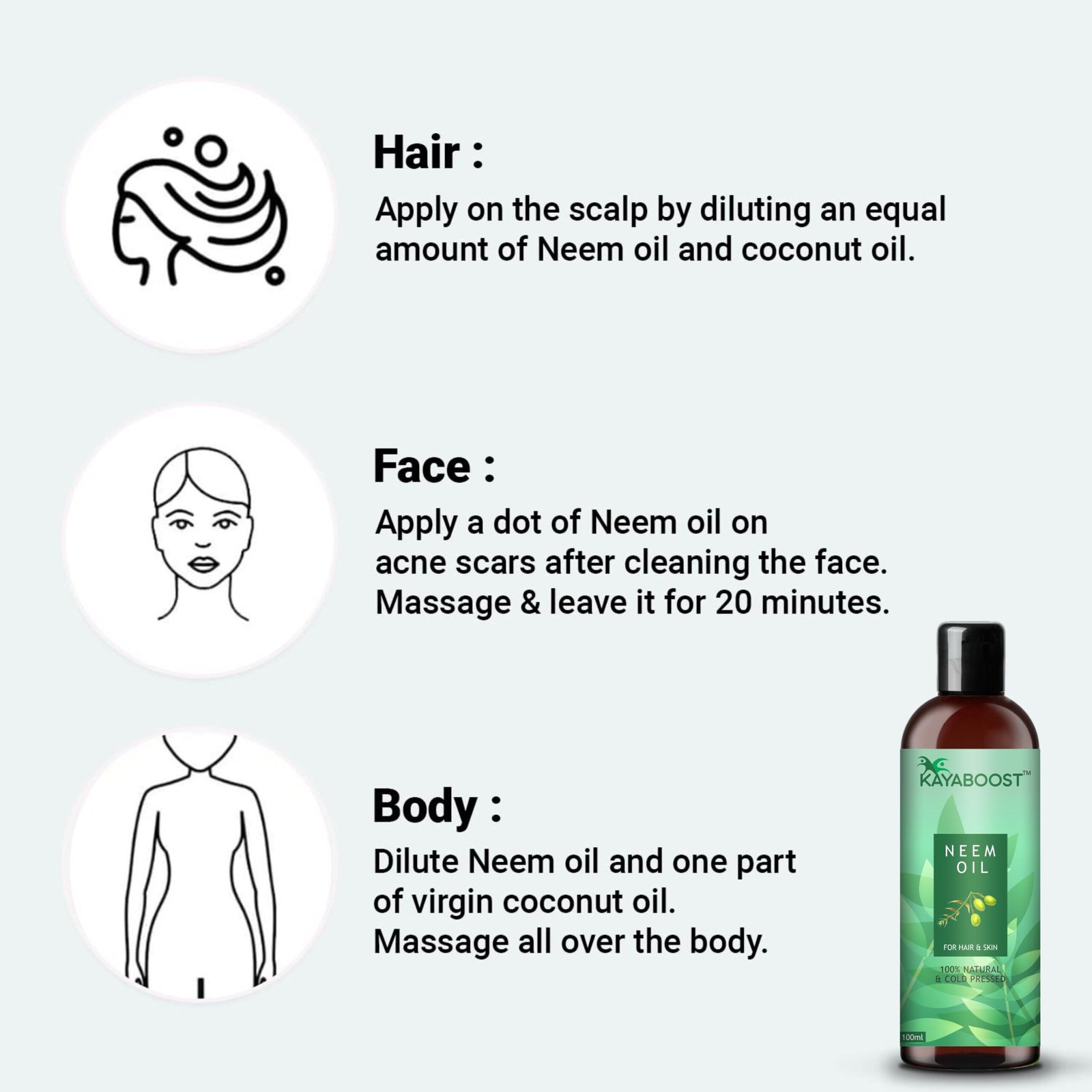 Kayaboost 100% Pure Cold Pressed Neem Oil 100ml (Pack of 3) – Natural Neem Oil for Hair & Skin | Acne Care, Dandruff Control & Scalp Treatment