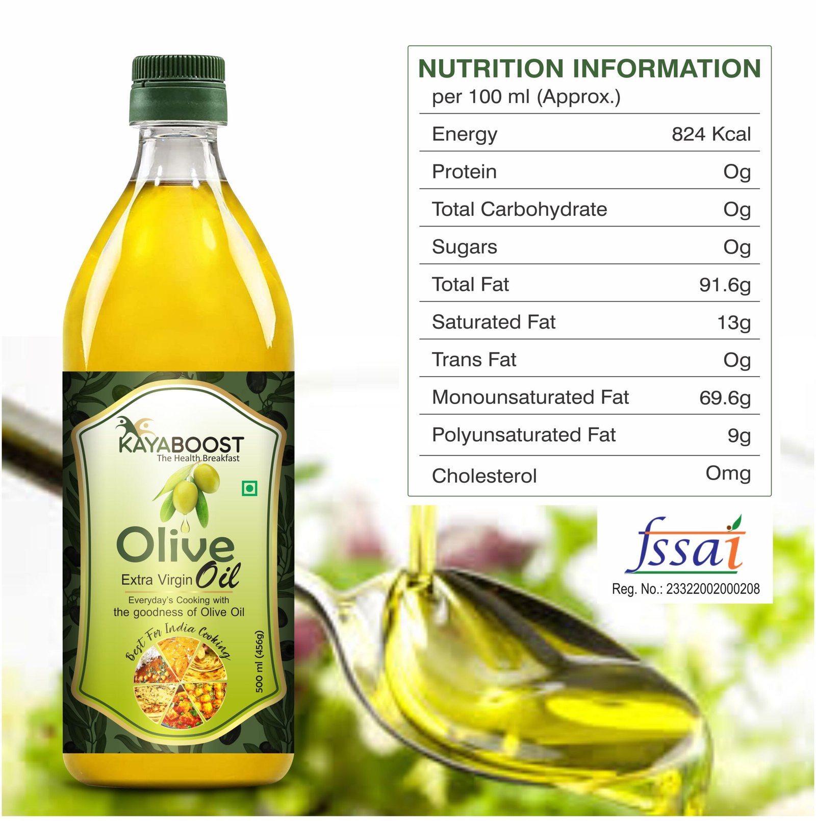 Kayaboost Extra Virgin Olive Oil 500ml – 100% Pure Cold Pressed Olive Oil for Cooking | Rich in Antioxidants, High MUFA & PUFA, Zero Cholesterol