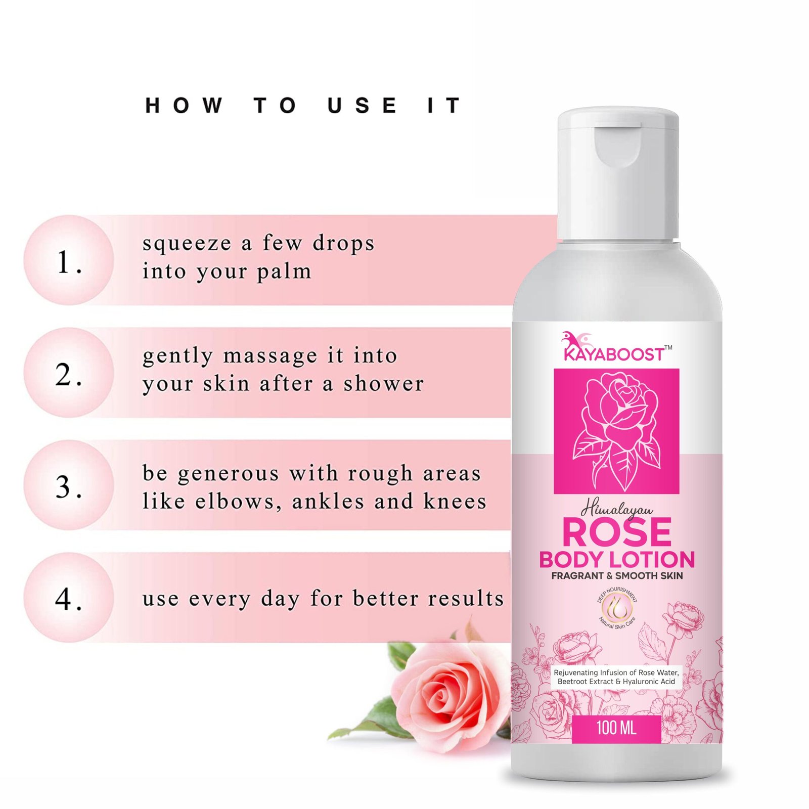 Kayaboost Himalayan Rose Body Lotion (100ml) – 24Hr Moisturizing & Hydrating Body Lotion with Rose Water, Beetroot Extract & Hyaluronic Acid