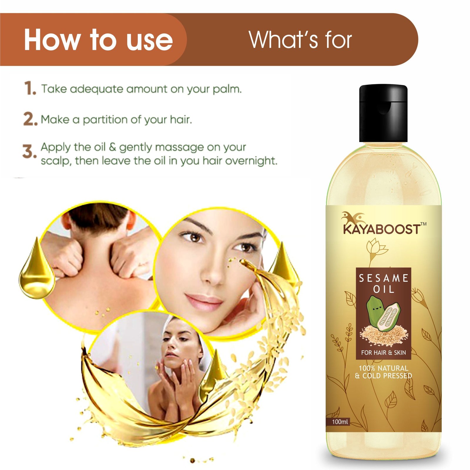 Kayaboost 100% Natural Cold Pressed Sesame Oil for Hair & Skin – Anti Hair Loss, Hair Growth Booster & Deep Nourishment 100ml (Pack of 3)