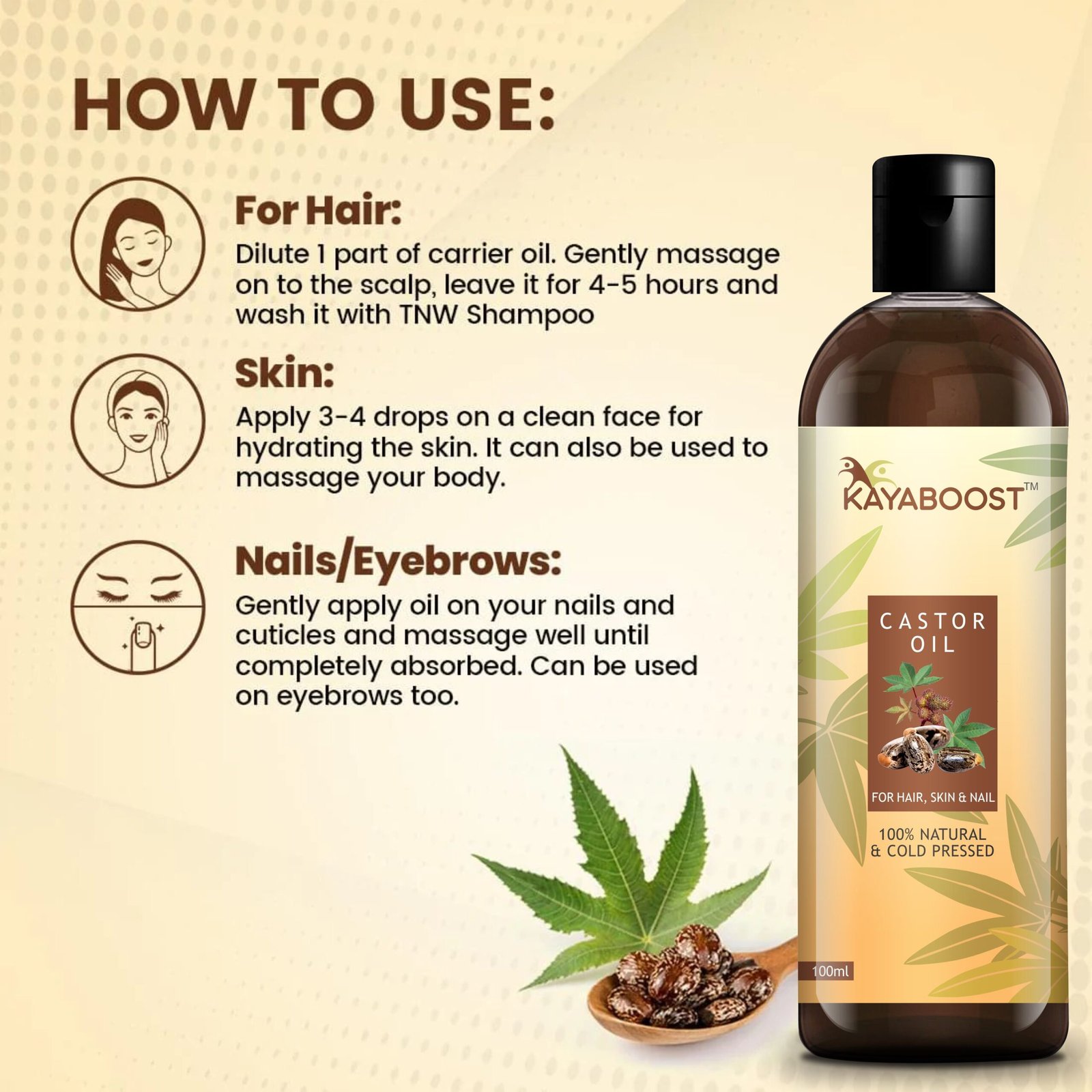 KAYABOOST Castor Oil 100ml (Pack of 3) – 100% Pure & Cold Pressed Natural Castor Oil for Hair Growth, Eyelashes, Eyebrows, Skin & Nails | Deep Nourishing Multipurpose Oil