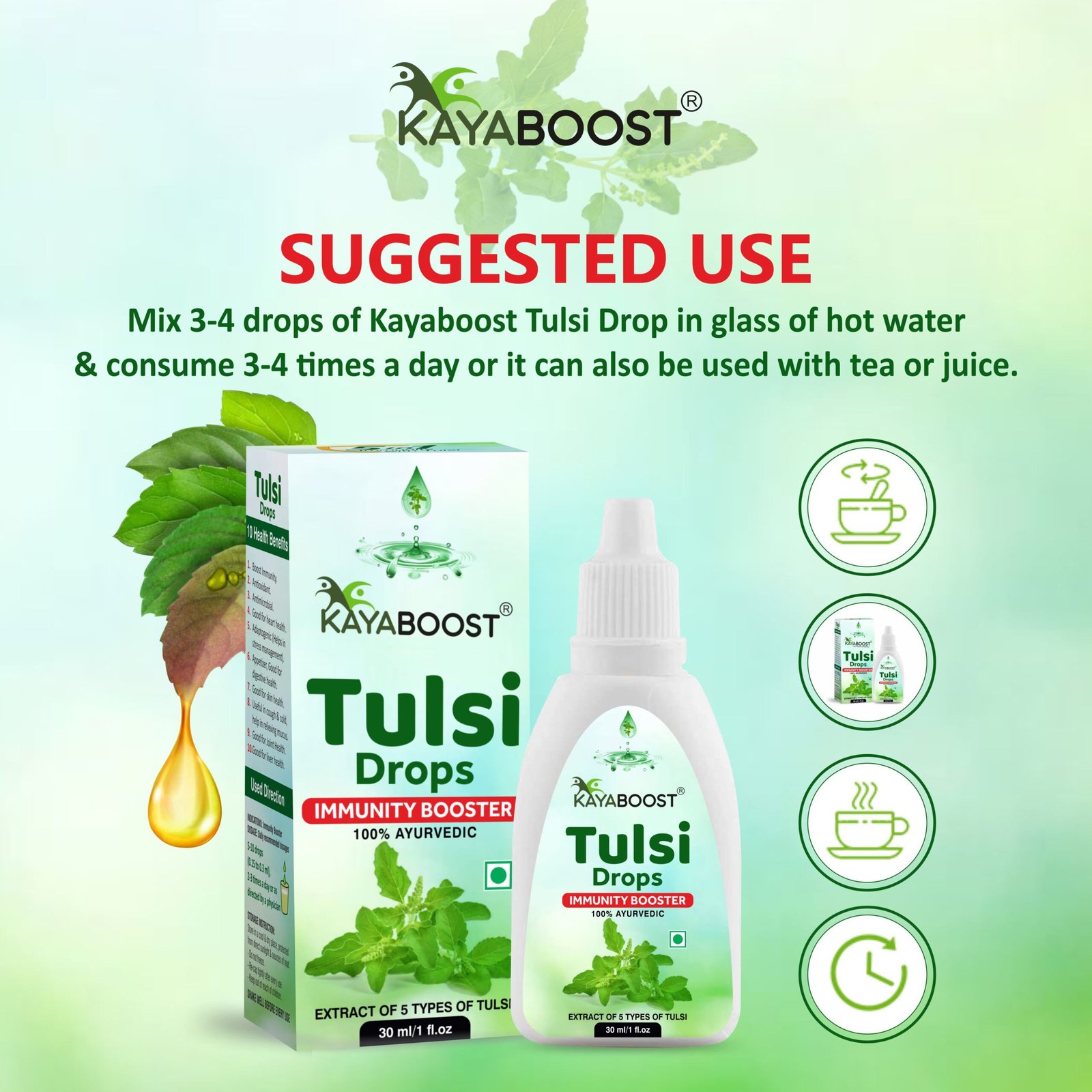 Kayaboost Tulsi Drops 30ml – 100% Ayurvedic Immunity Booster, Extract of 5 Types of Tulsi, Herbal Tulsi Liquid for Cough, Cold & Digestion (Pack of 2)