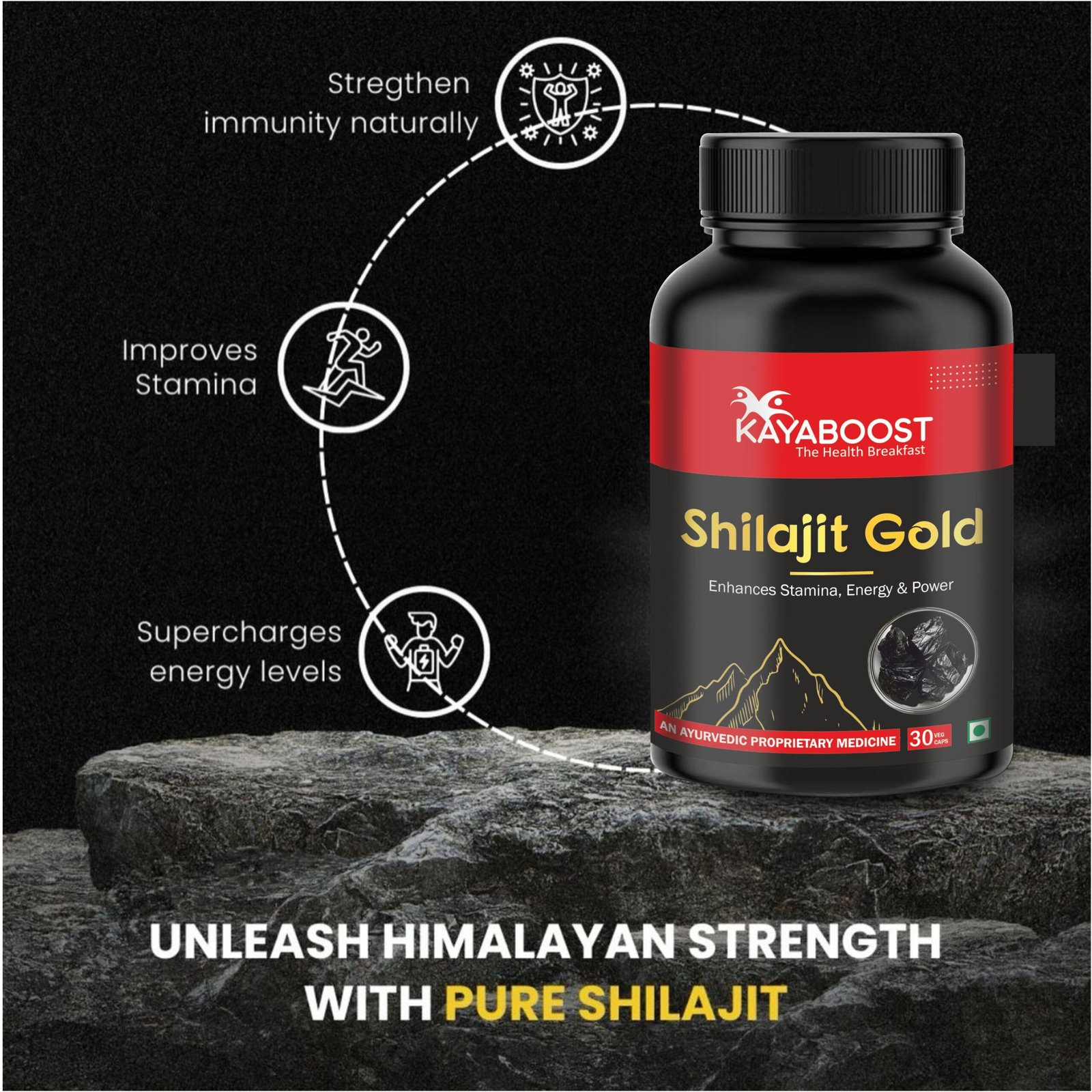 KAYABOOST Shilajit Gold Capsules – 100% Pure Ayurvedic Shilajit Supplement for Energy, Stamina & Immunity | Enhances Strength & Vitality | 30 Veg Capsules
